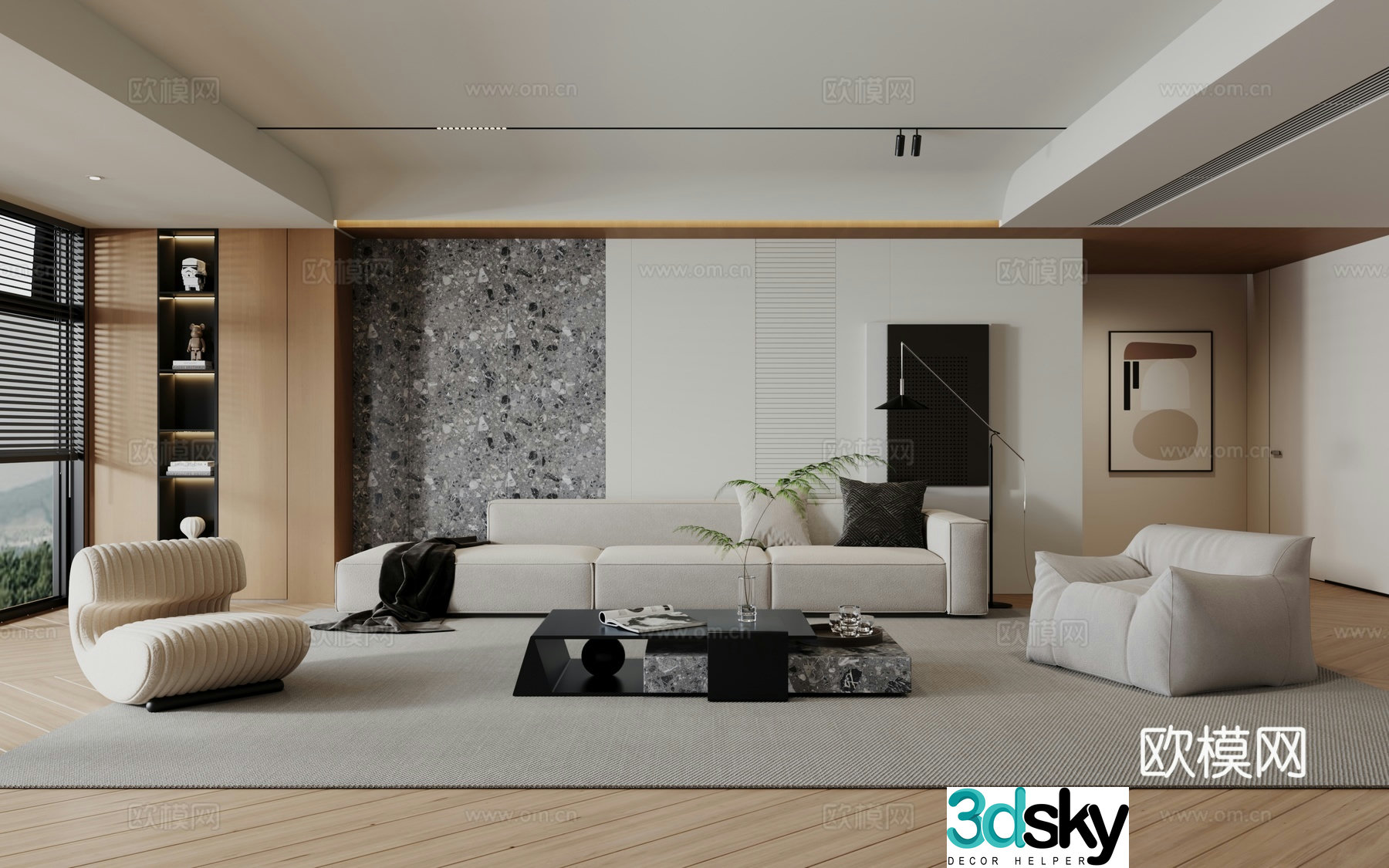 Modern minimalist log living room 3d model