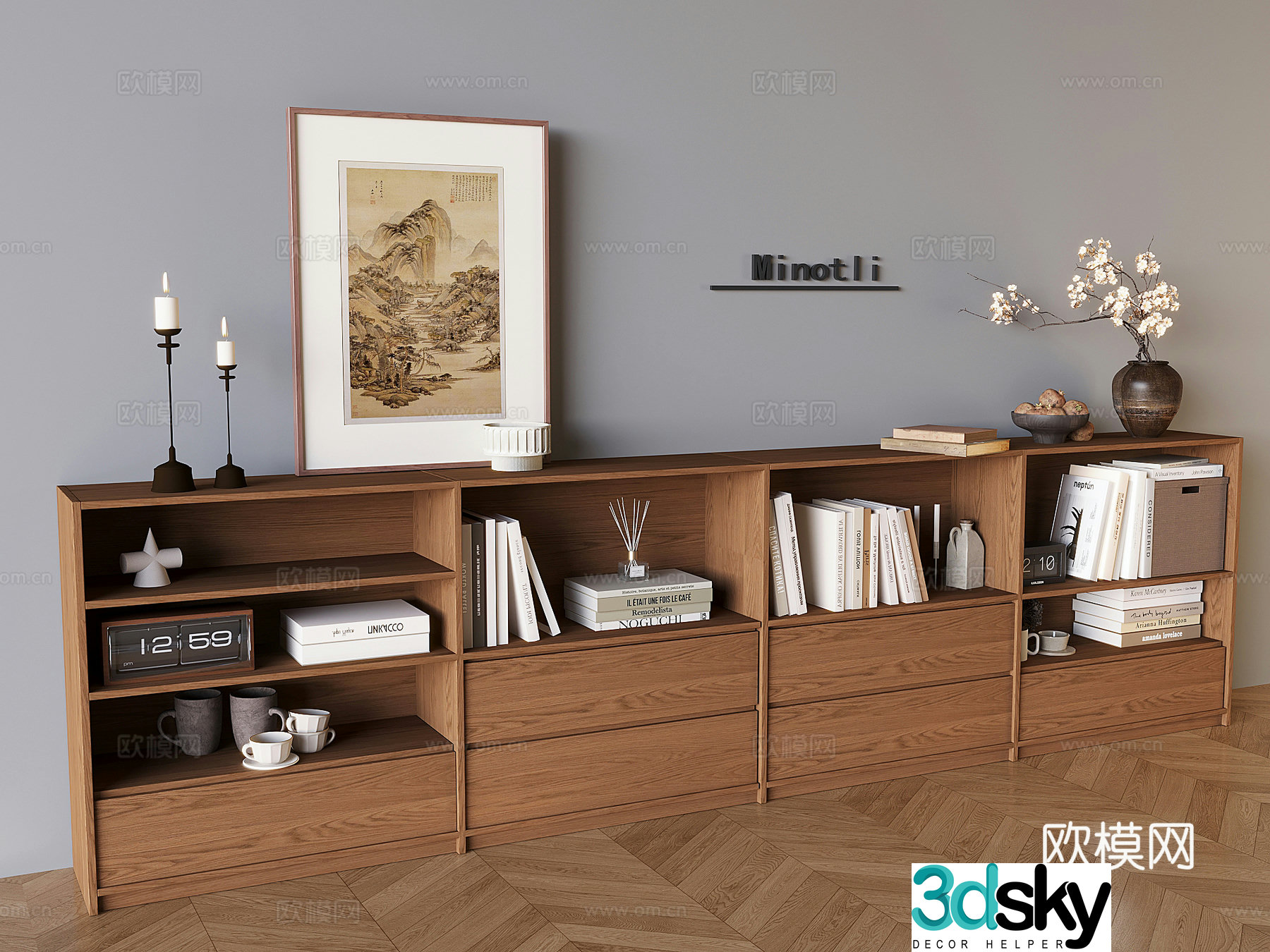 Middle style solid wood TV cabinet bookcase low cabinet candle books floor-standing TV cabinet ornaments 3D model