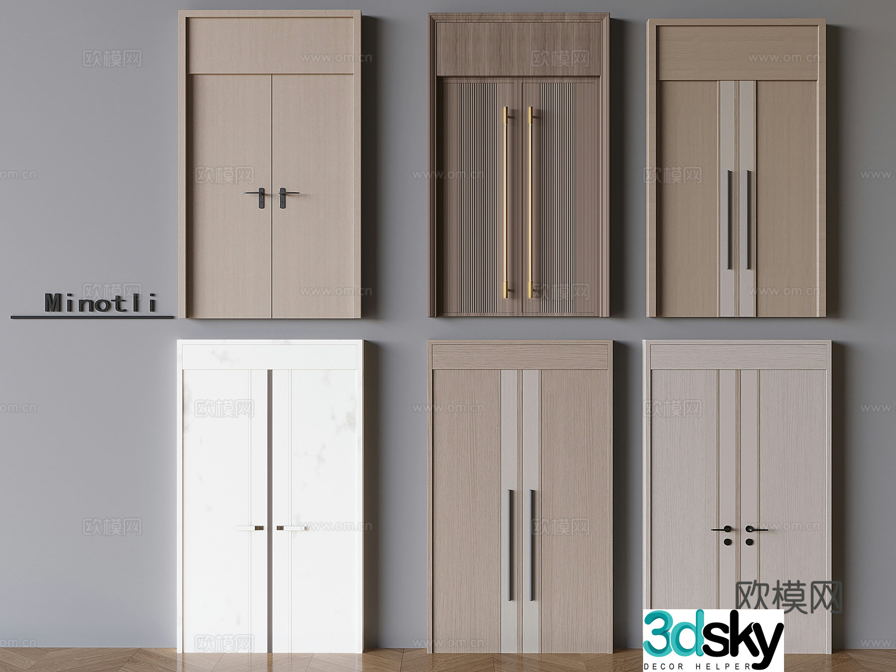 Nordic solid wood double door 3D model