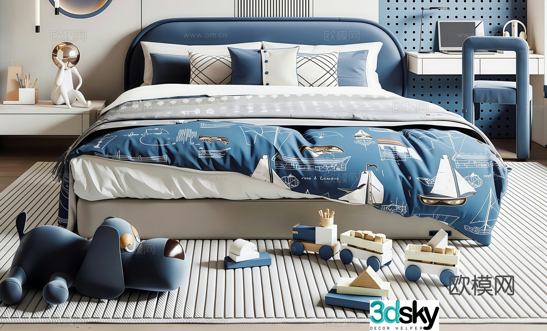 Modern boy children’s bed children’s desk toys ornaments bedside background wall 3d model