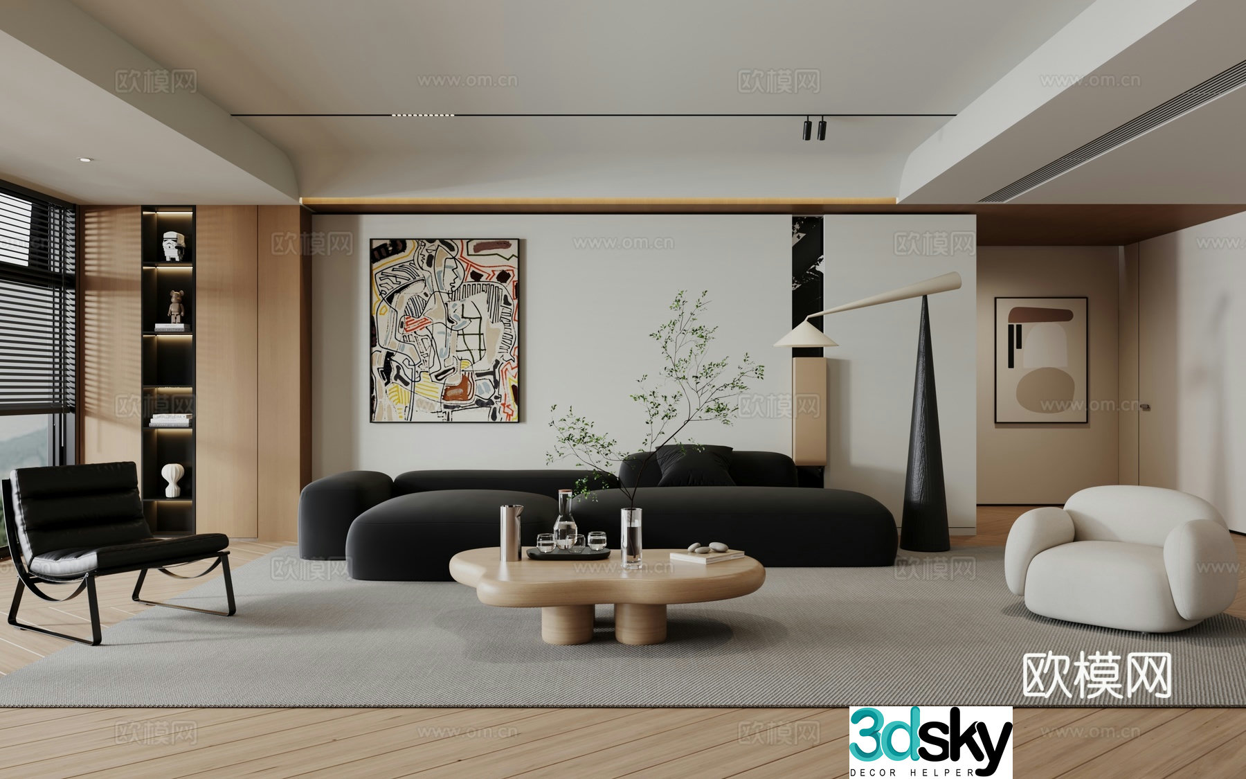 Modern minimalist log living room 3d model