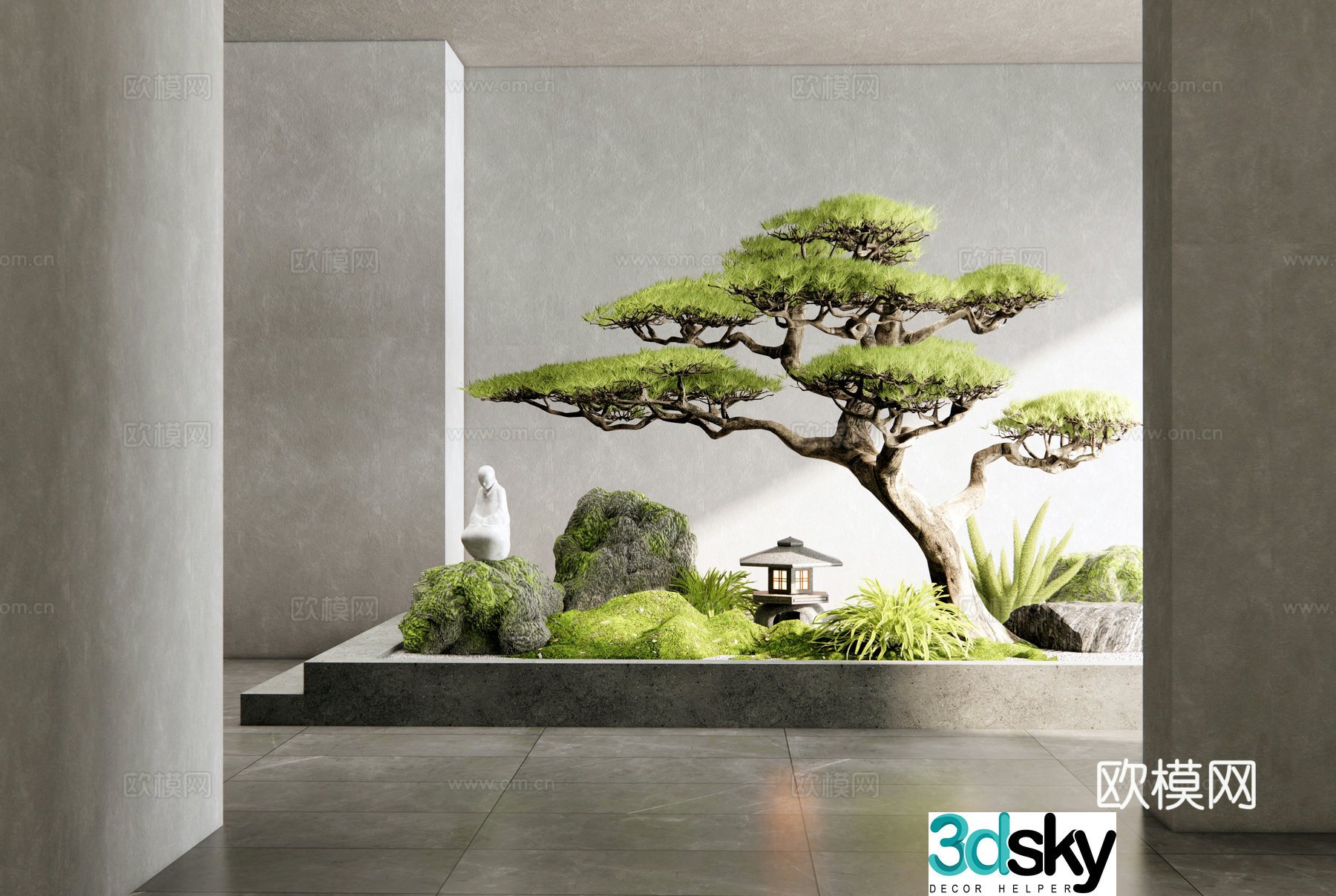 New Chinese style interior landscape landscape garden sketch moss stone welcoming pine plant landscaping 3D model