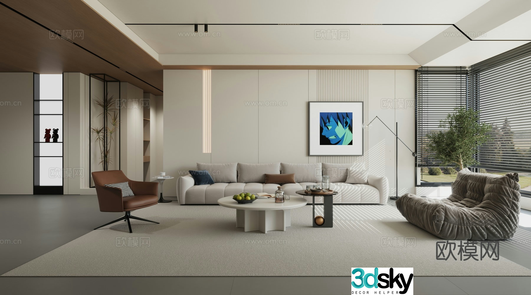 Modern minimalist log living room 3d model