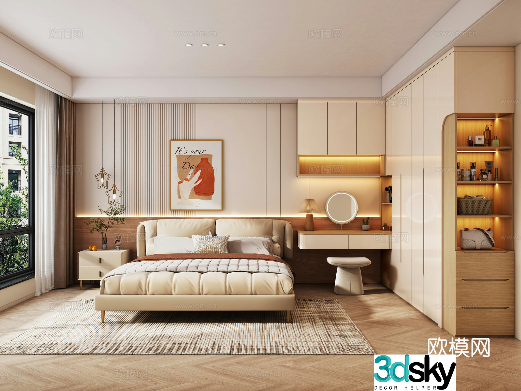 Modern bedroom double bed hanging painting custom wardrobe dressing table mirror carpet nightstand 3d model