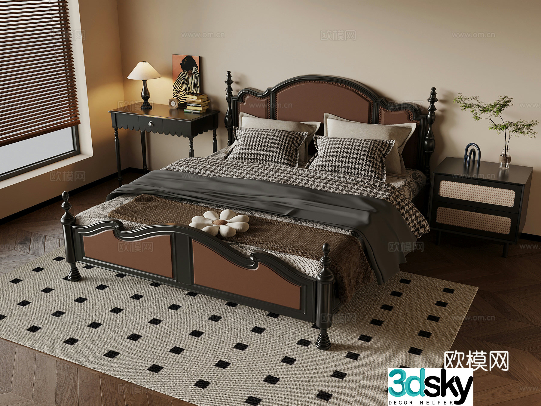 French double bed nightstand desk 3d model