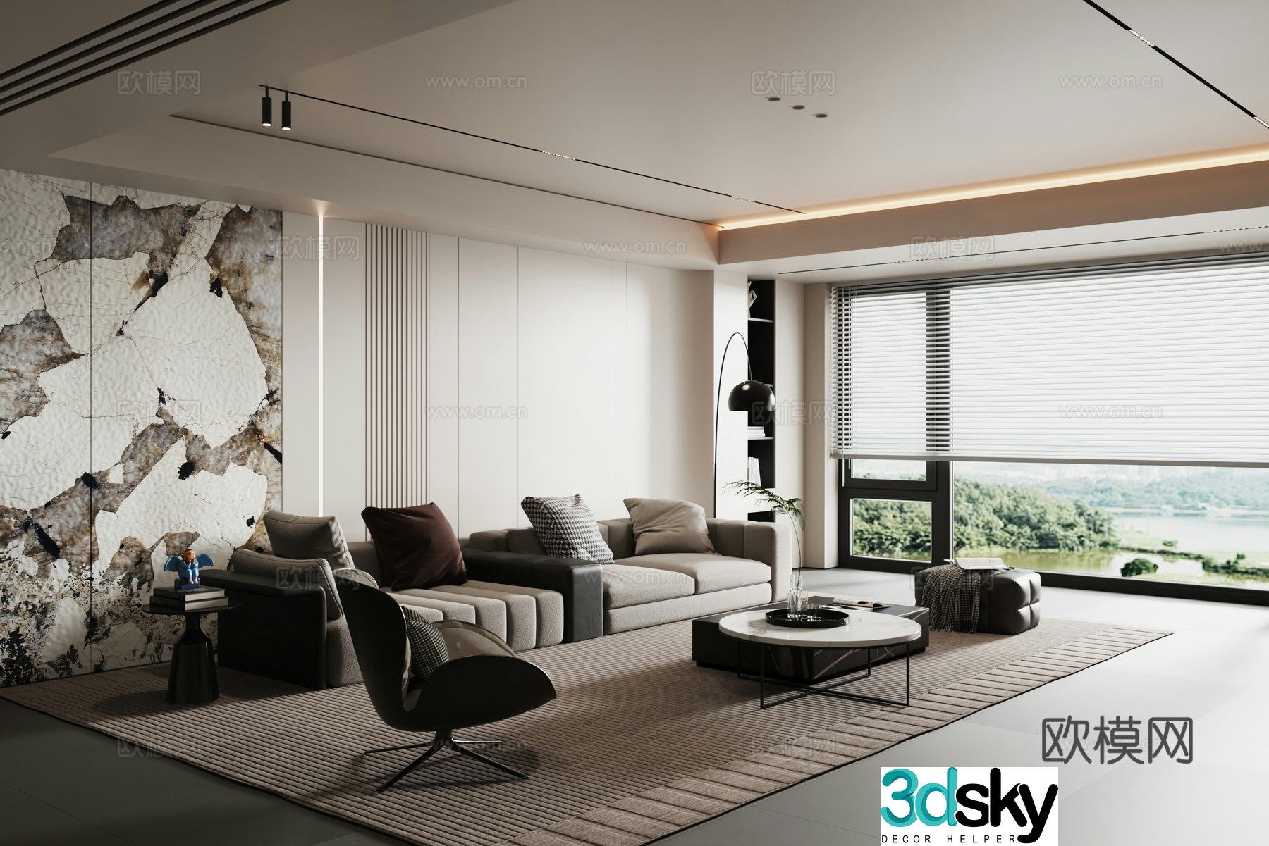 Modern minimalist and light luxury black and white gray living room 3D model