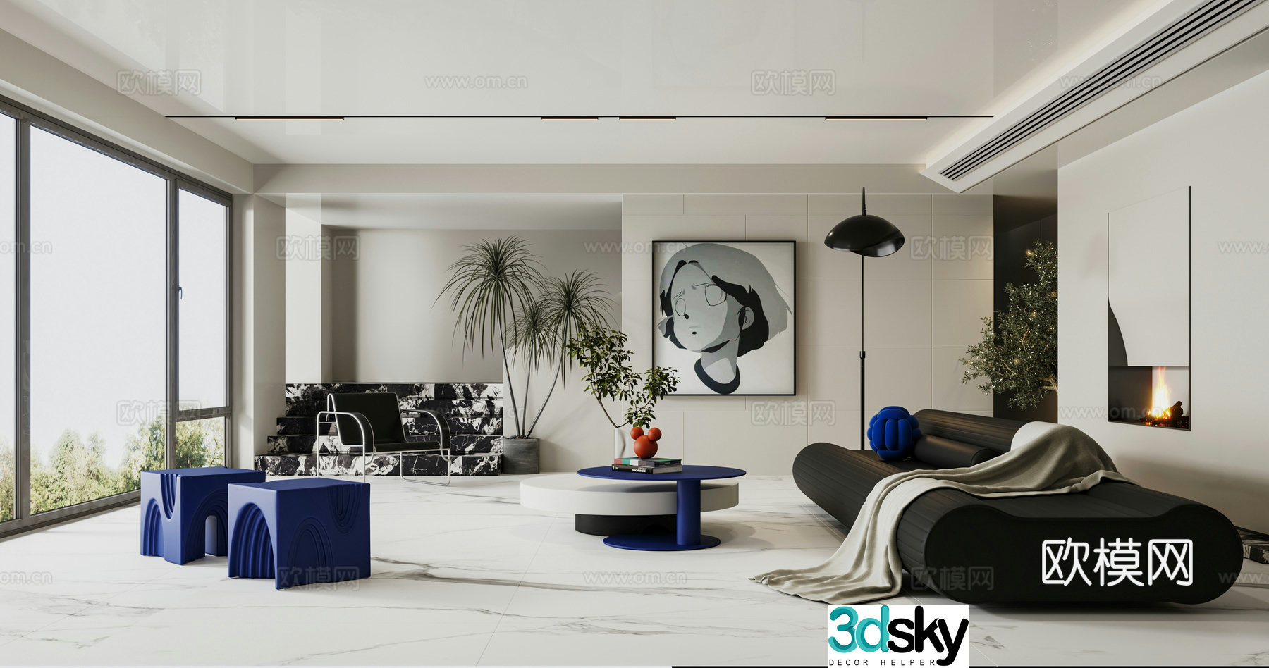Modern minimalist black white and gray living room 3d model