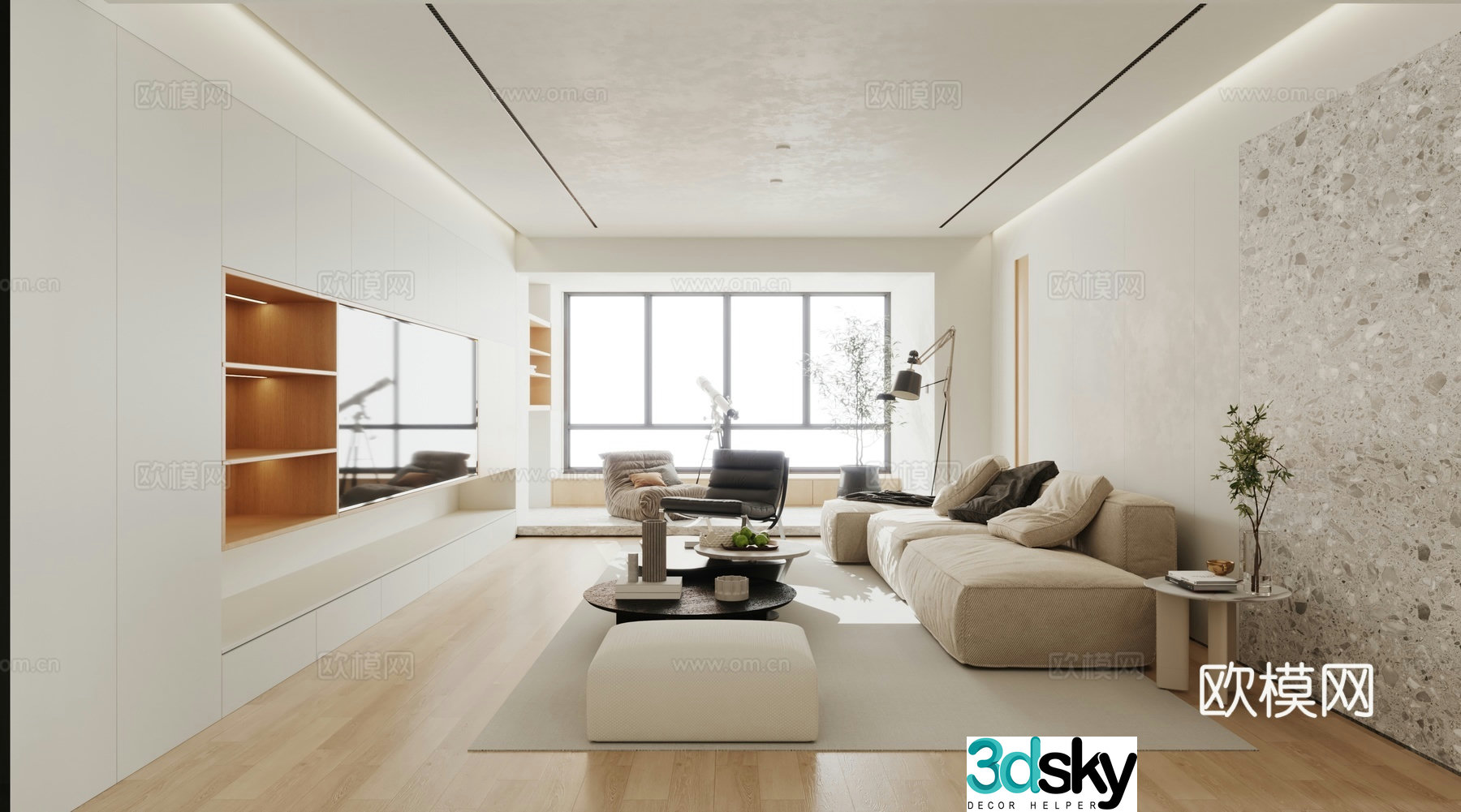 Modern minimalist log living room 3d model