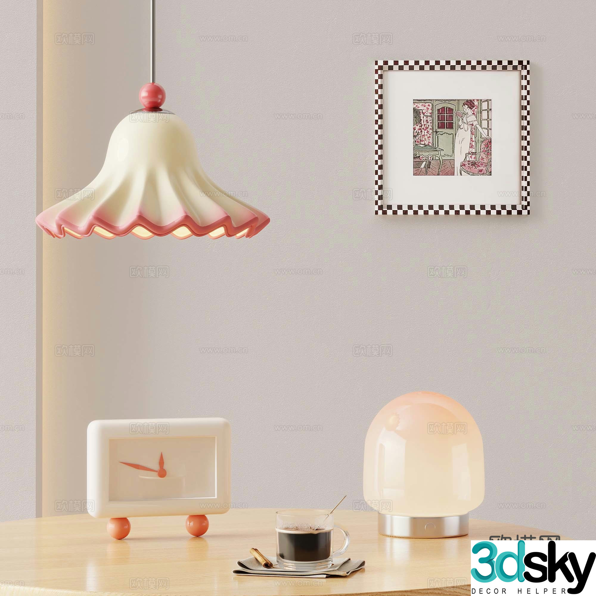 French cream chandelier table lamp decorative painting 3d model