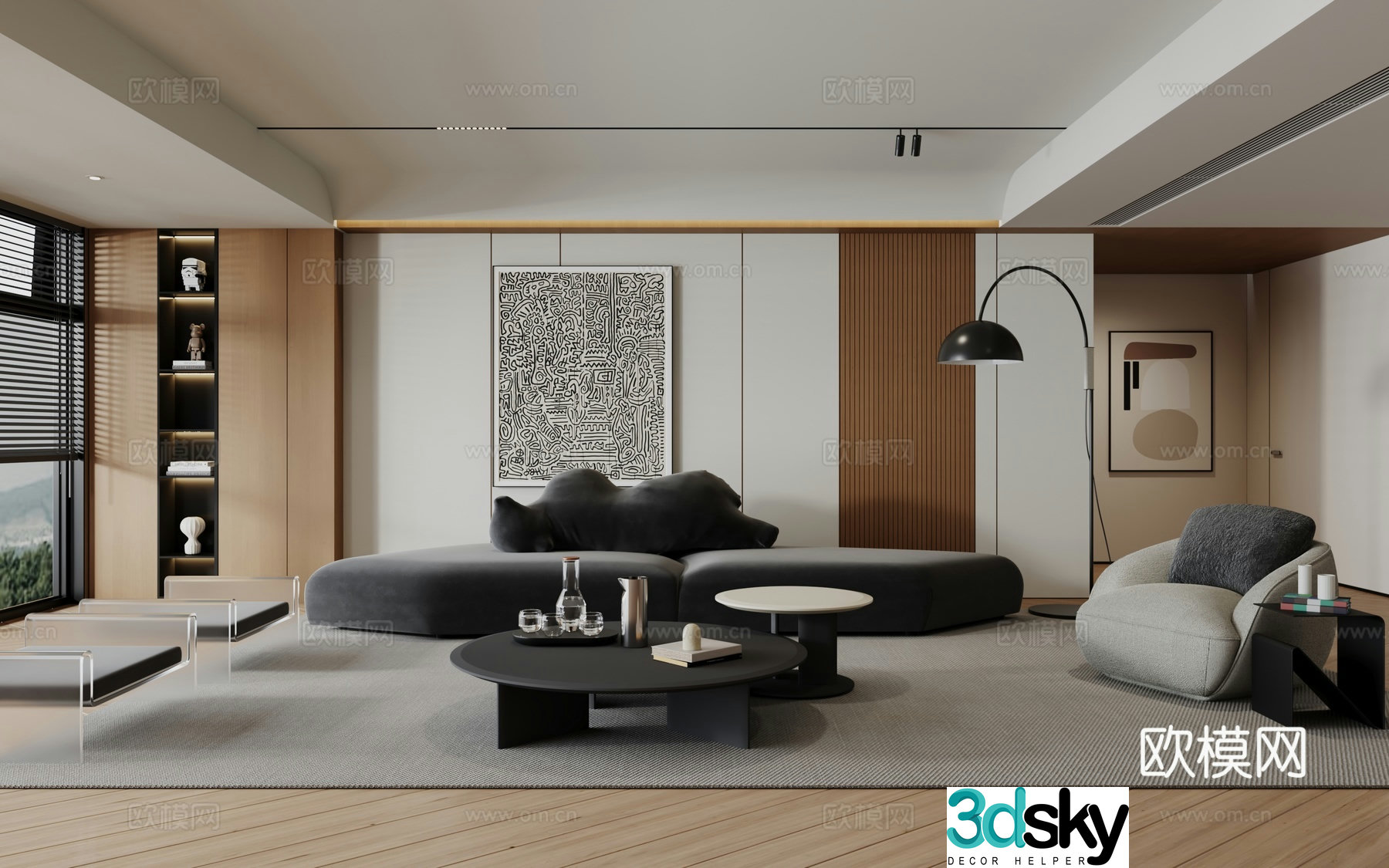 Modern minimalist log living room 3d model