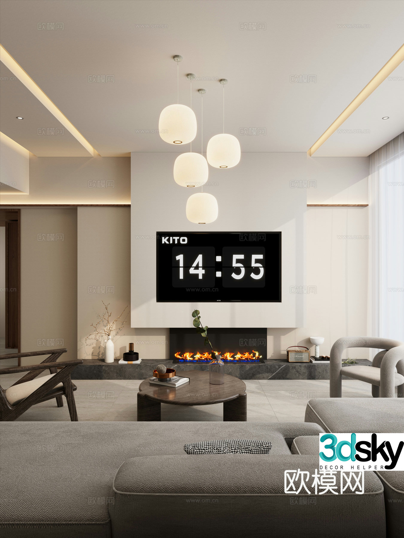 Cream Middle Style Inline Geometric Stacking Flame Fireplace Villa Living Room TV Wall 3D Model