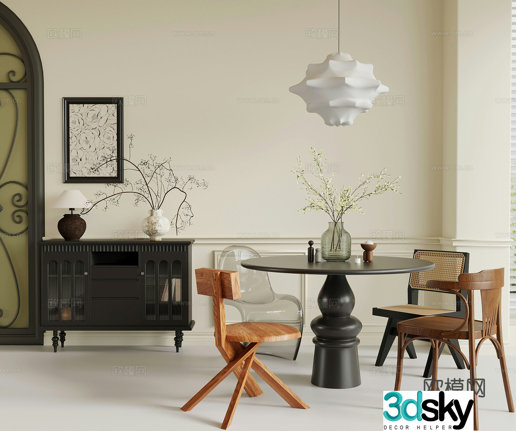 Restaurant French retro style restaurant Dining table and chair combination Sideboard Green plants Chandelier 3D model