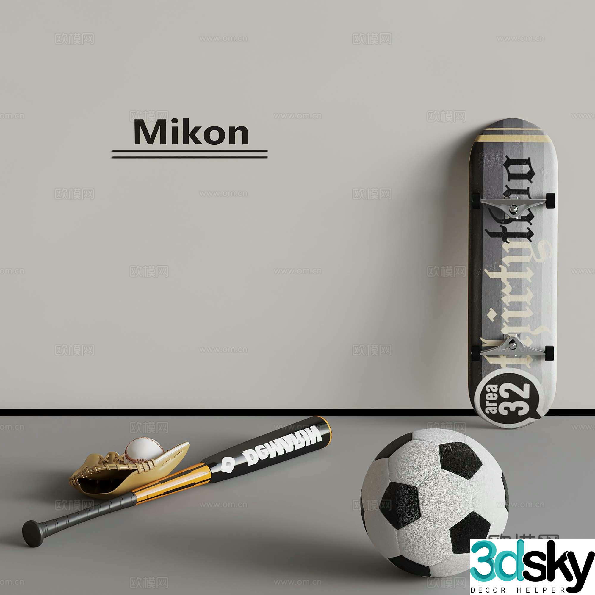 Sports equipment baseball bat football skateboard 3d model