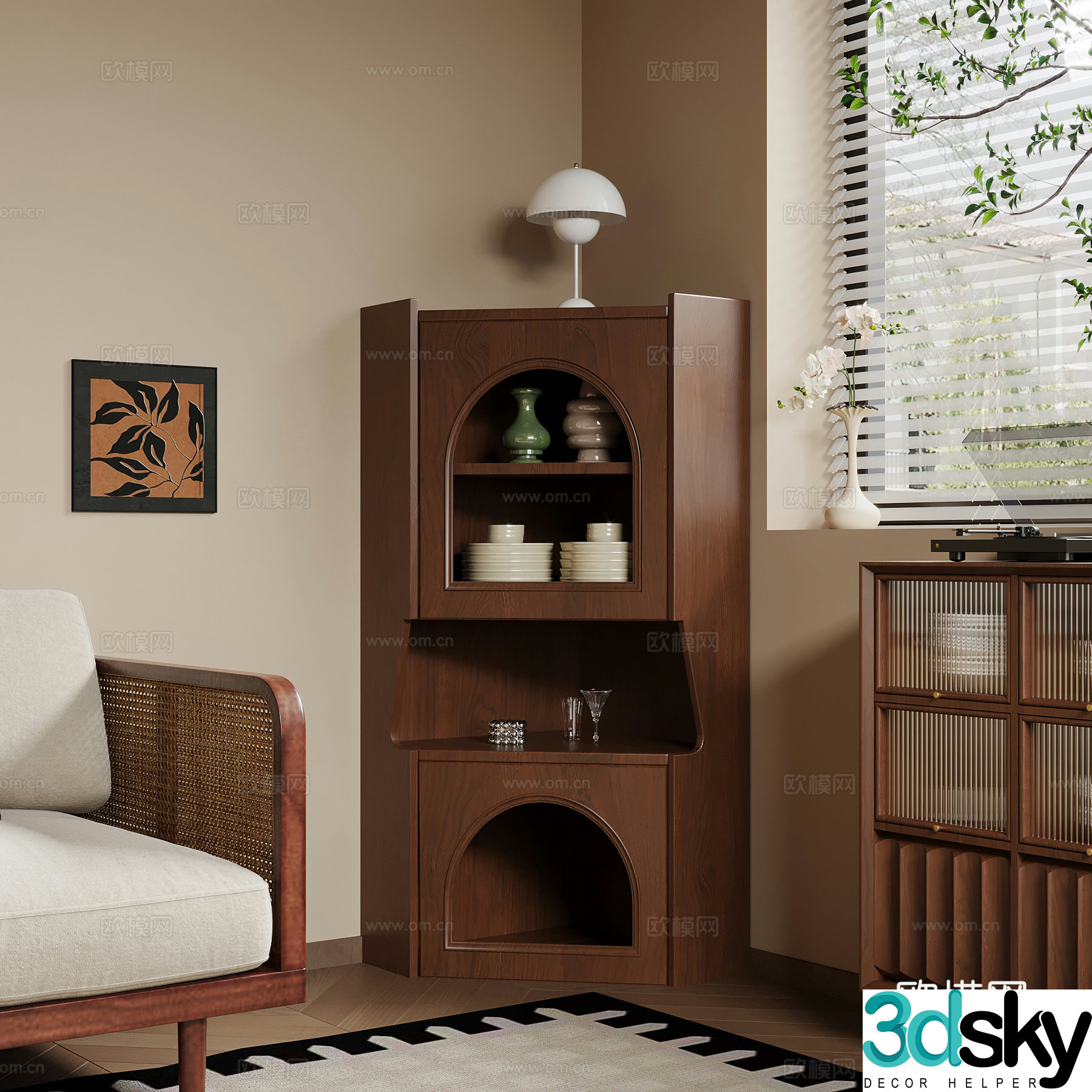 Middle-aged sideboard corner cabinet corner cabinet tableware 3D model