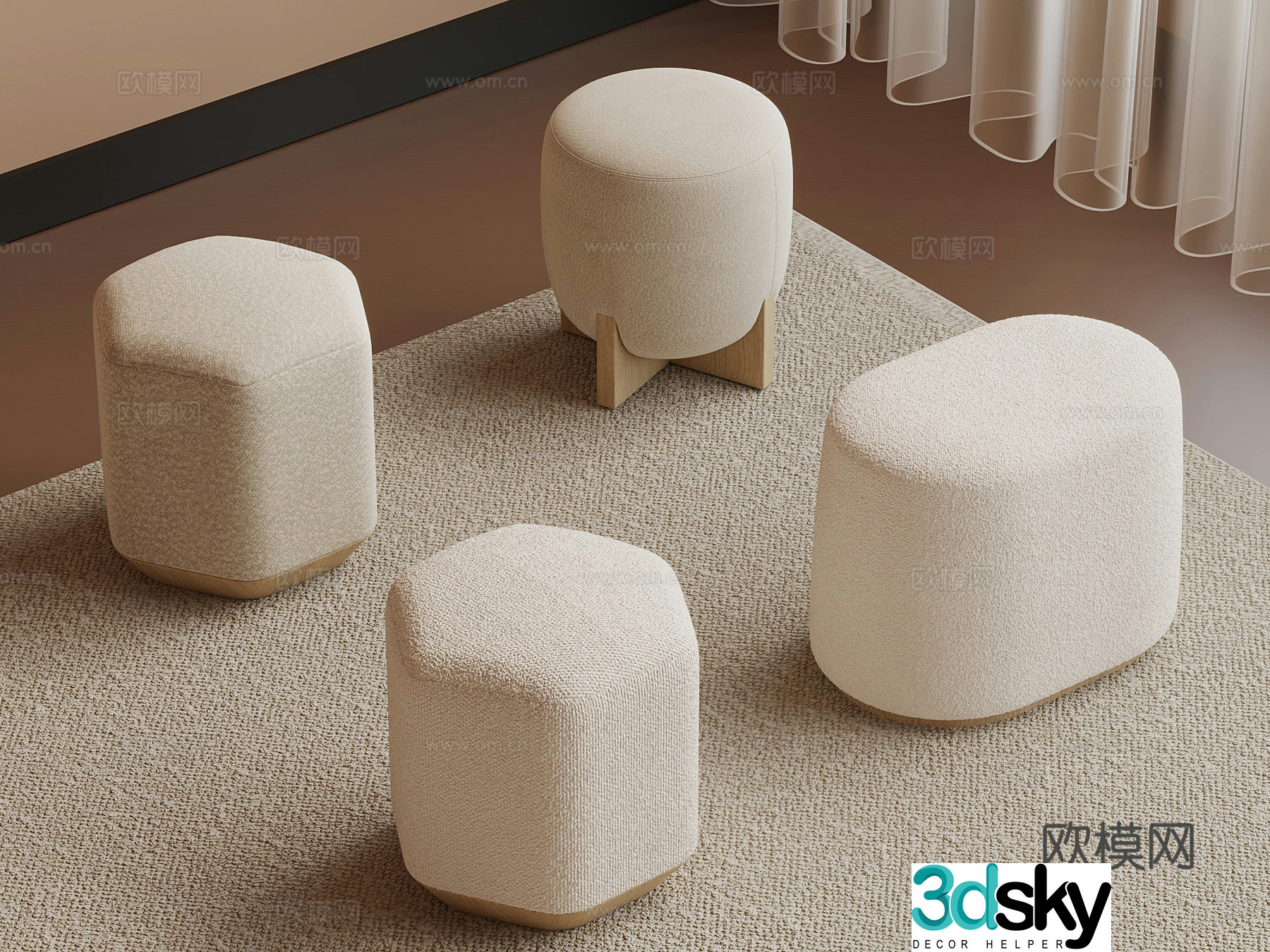 Modern cream style sofa stool low stool round stool 3d model