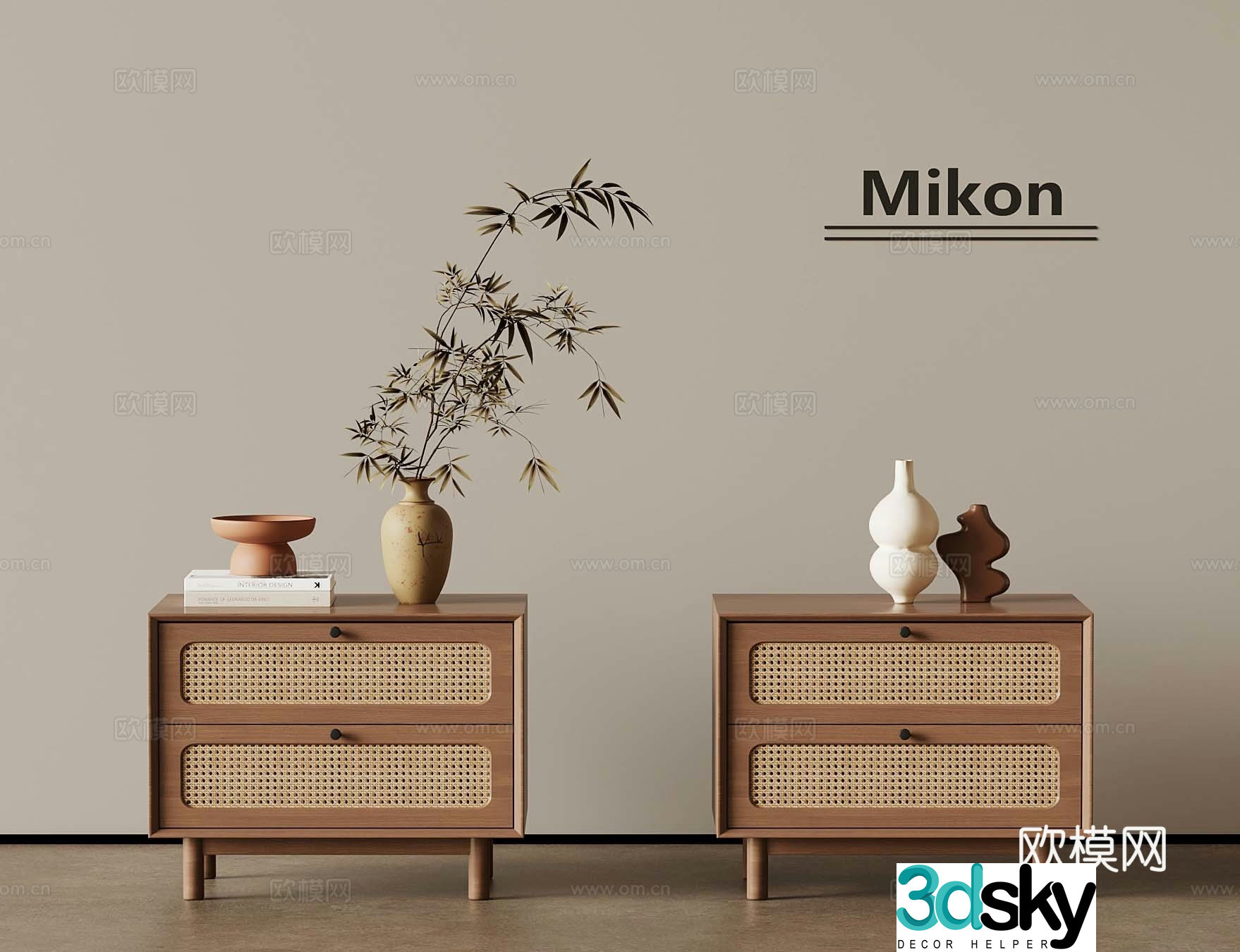 Middle-aged bedside table Rattan bedside table 3D model