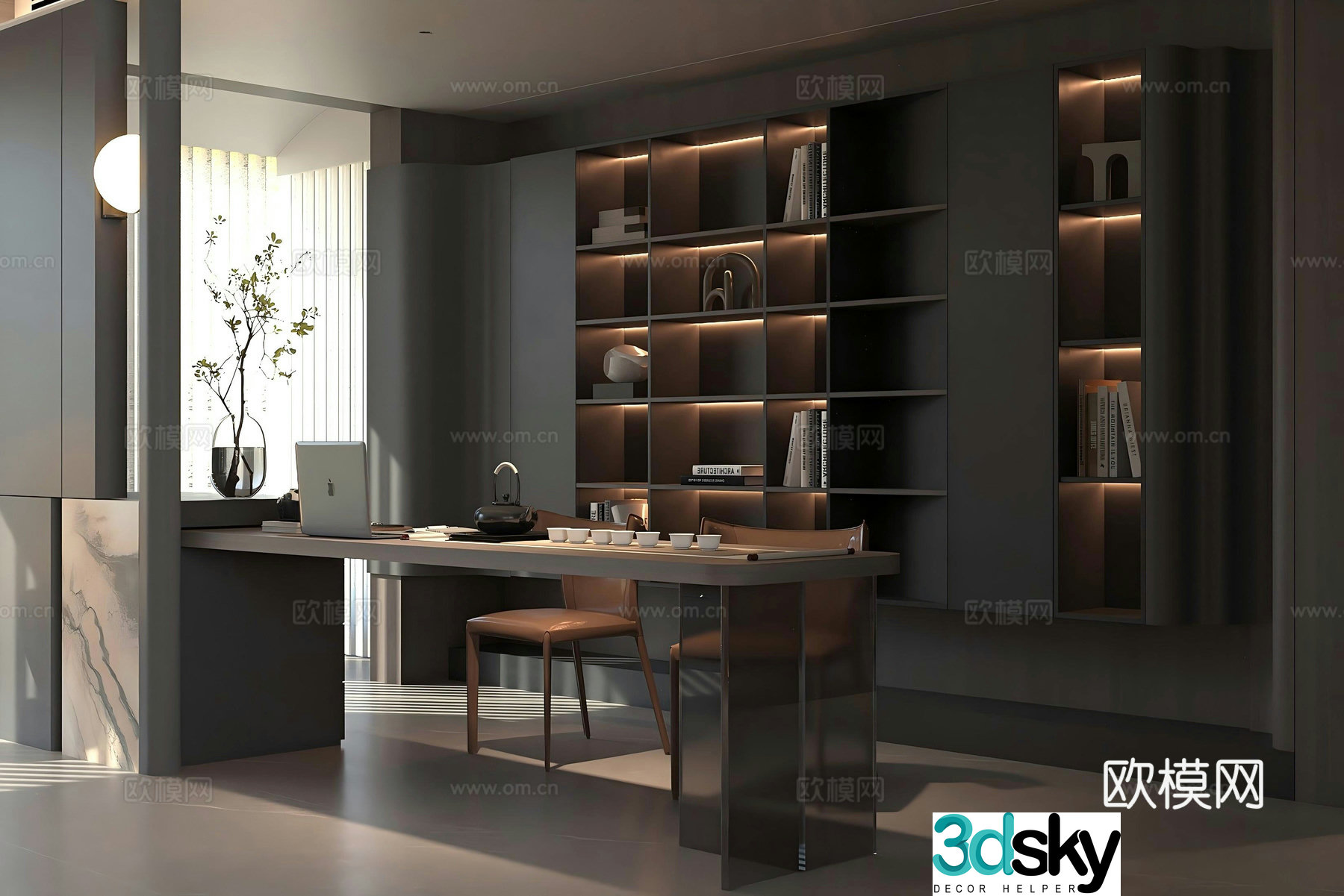 Modern Italian study open study desk and chair light luxury Italian study living room and study 3D model