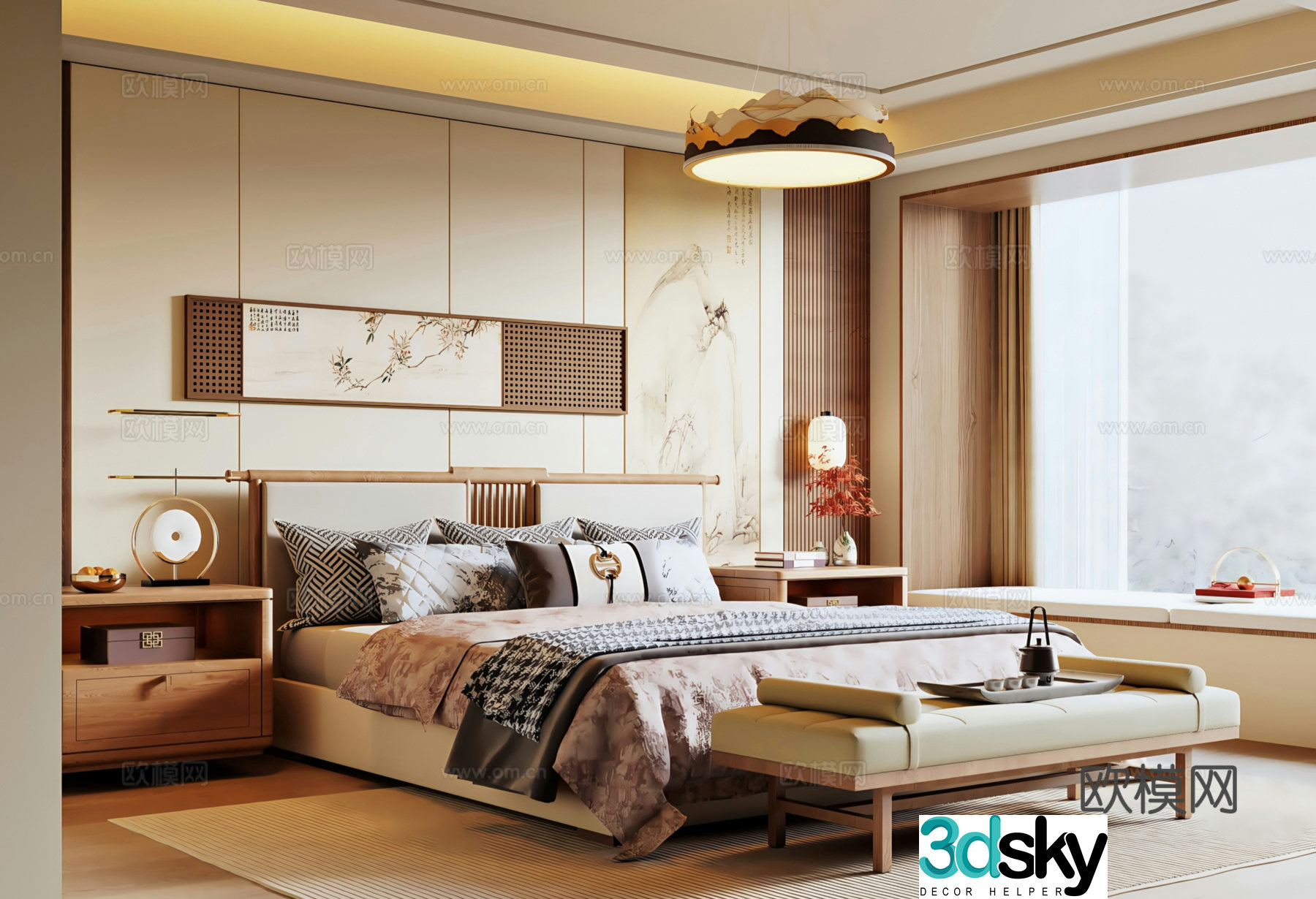 New Chinese style Song style bedroom Song style background wall New Chinese style double bed bed nightstand chandeliers floating 3d model