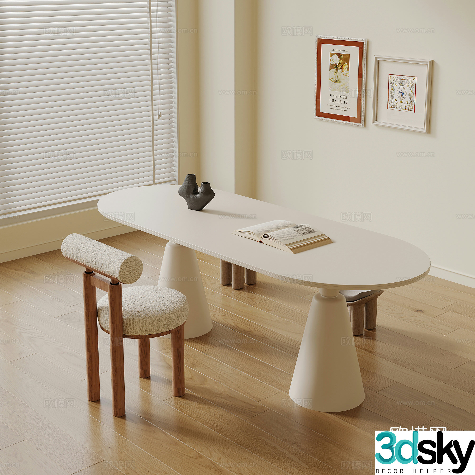 Desk French cream style desk and chair Office desk and chair combination 3D model