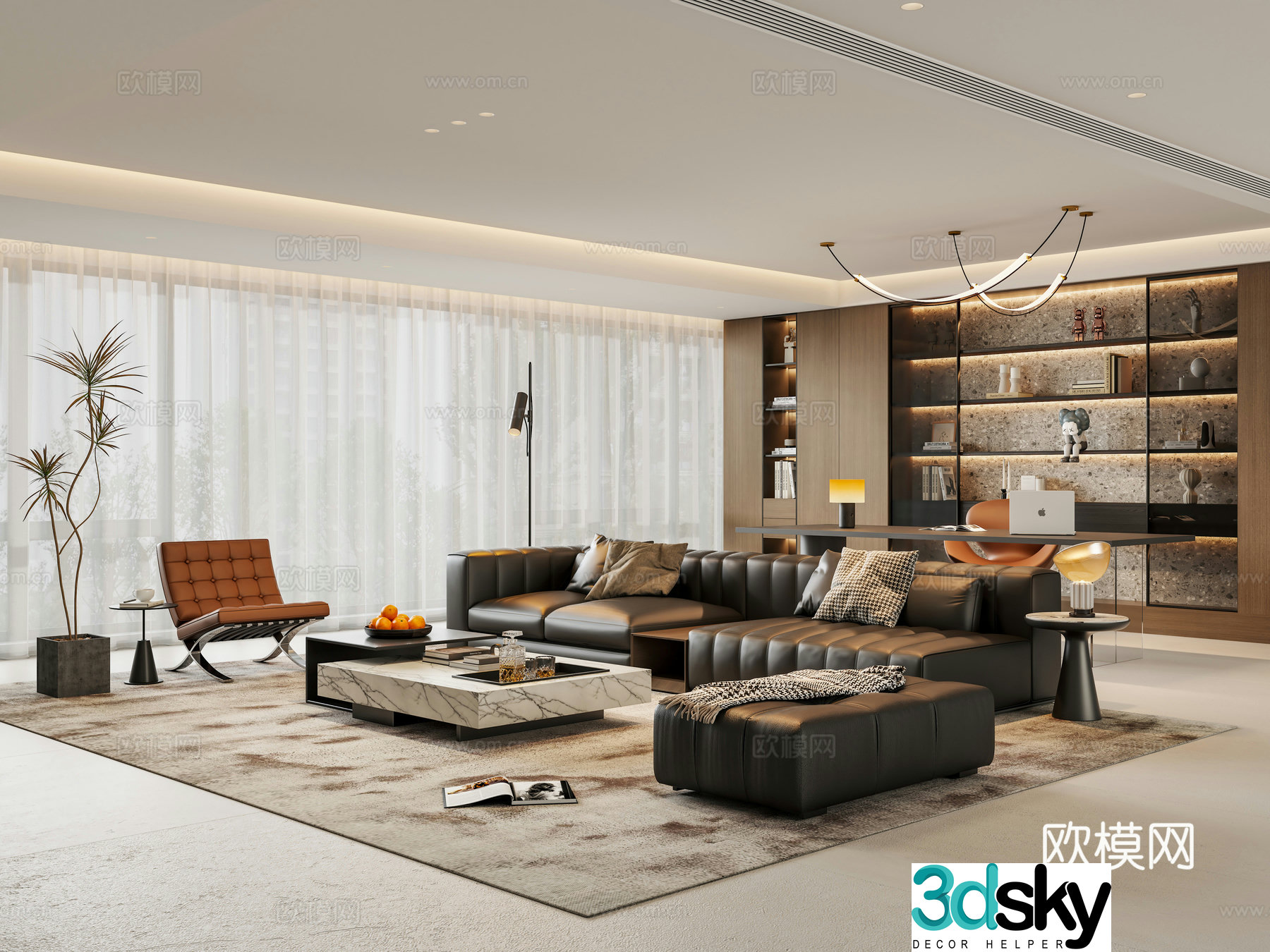 Italian home living room large flat floor living room without lights living room and study leather sofa coffee table set 3D model