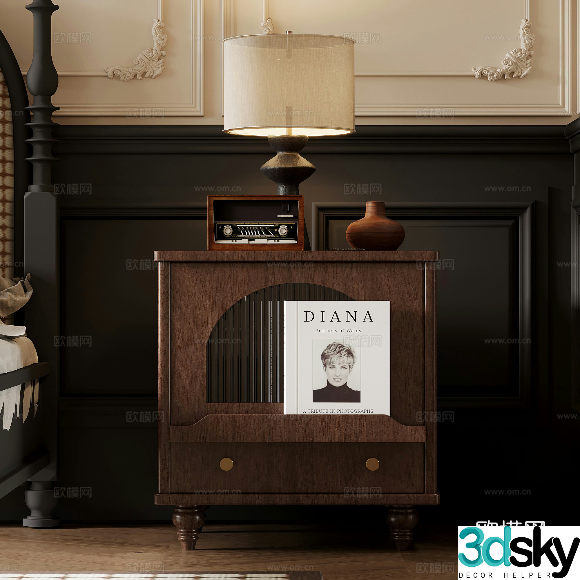 Bedside table French retro style bedside table desk lamp book ornament 3D model