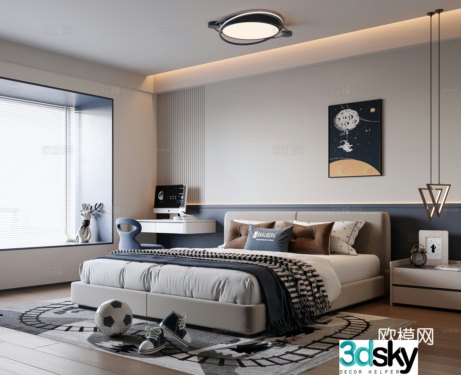 Modern boy bedroom single chair laptop computer bookcase hanging cabinet decorative cabinet desk 3d model