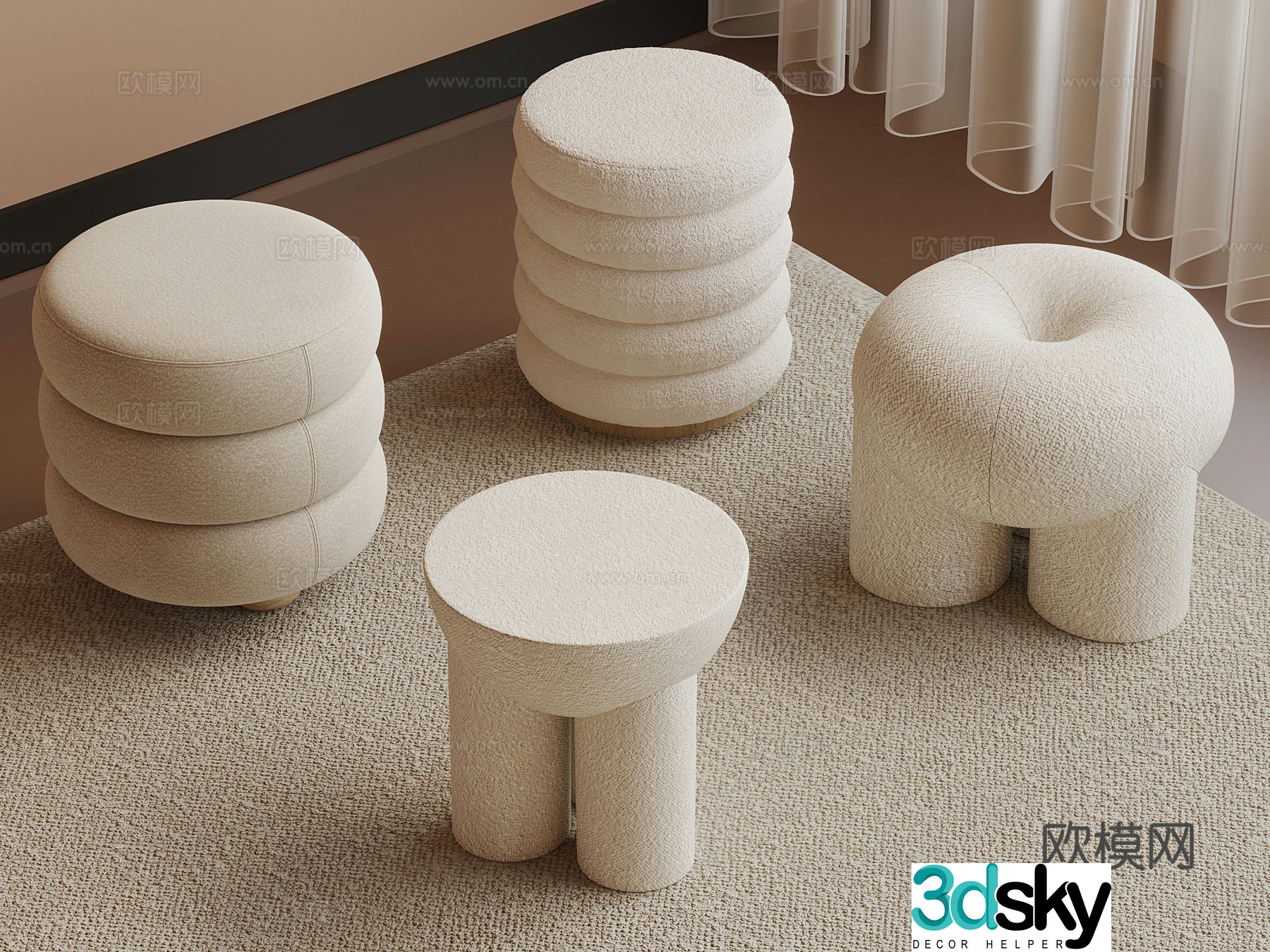 Modern cream style sofa stool low stool round stool 3d model