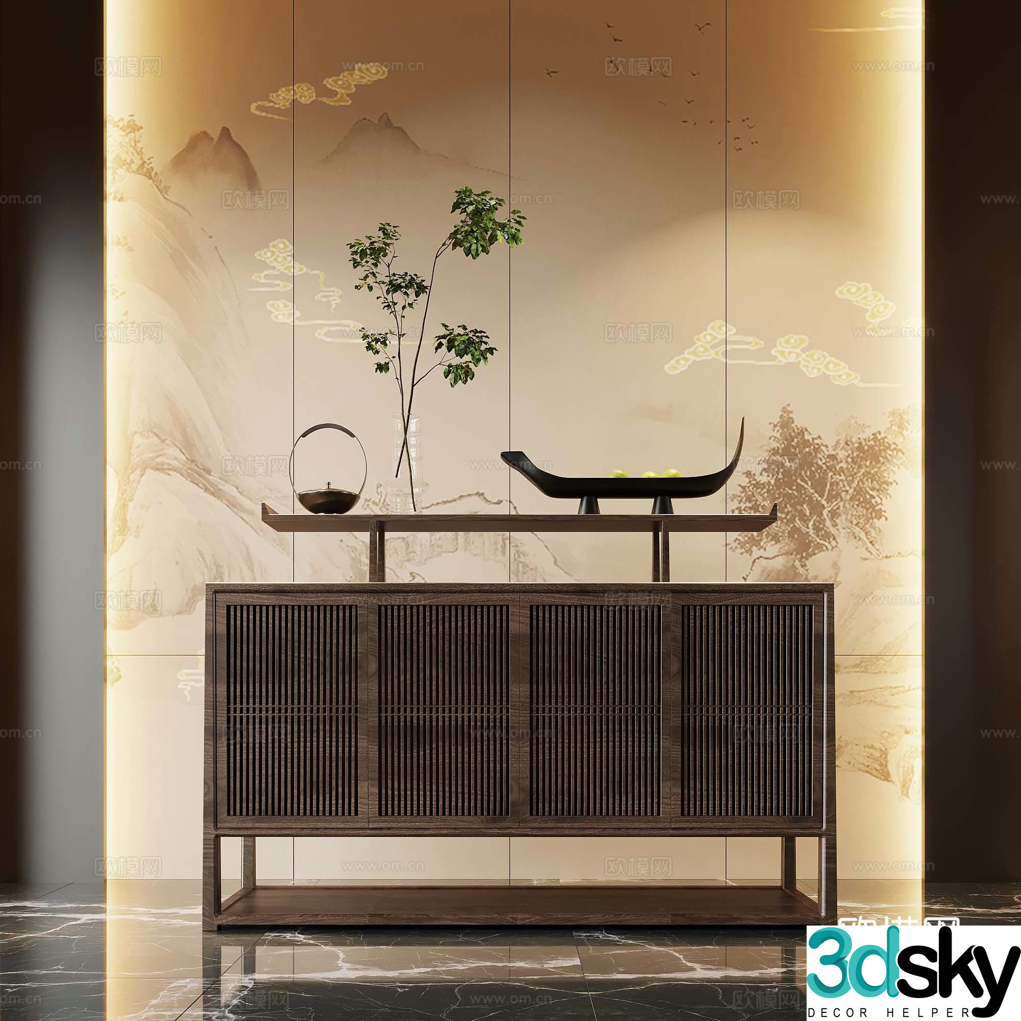 New Chinese style end view cabinet entrance cabinet potted bonsai 3D model