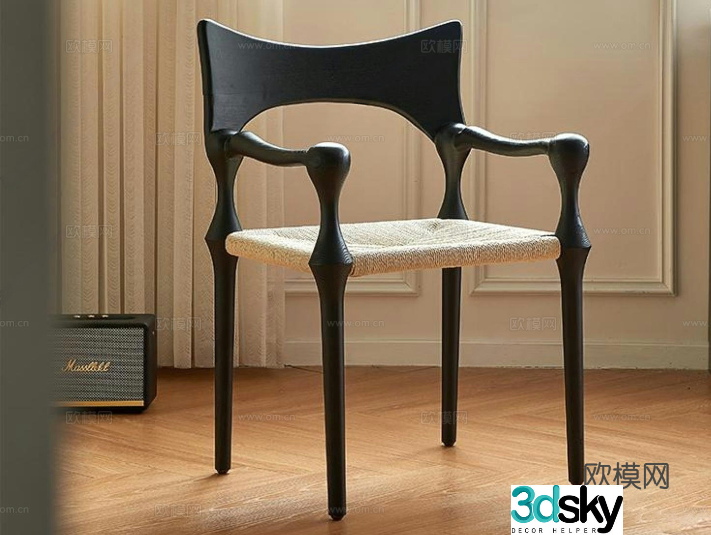 French medieval dining chair wooden chair rattan chair armchair 3d model