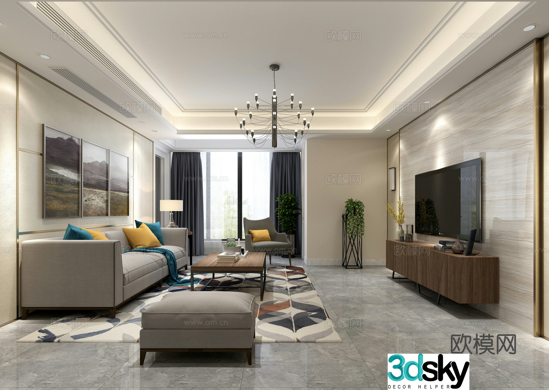 Modern living and dining room sofa decorative painting TV cabinet chandelier 3d model