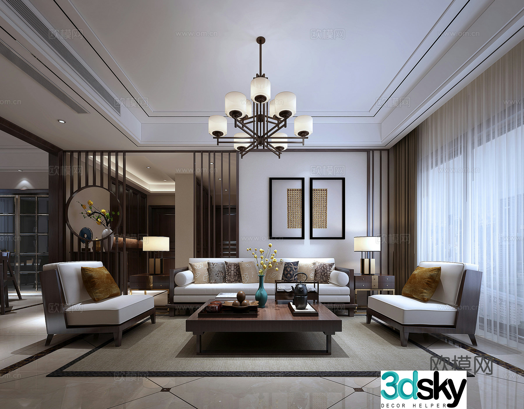New Chinese style modern Chinese living room sofa coffee table carpet chandeliers decorative painting partition 3d model