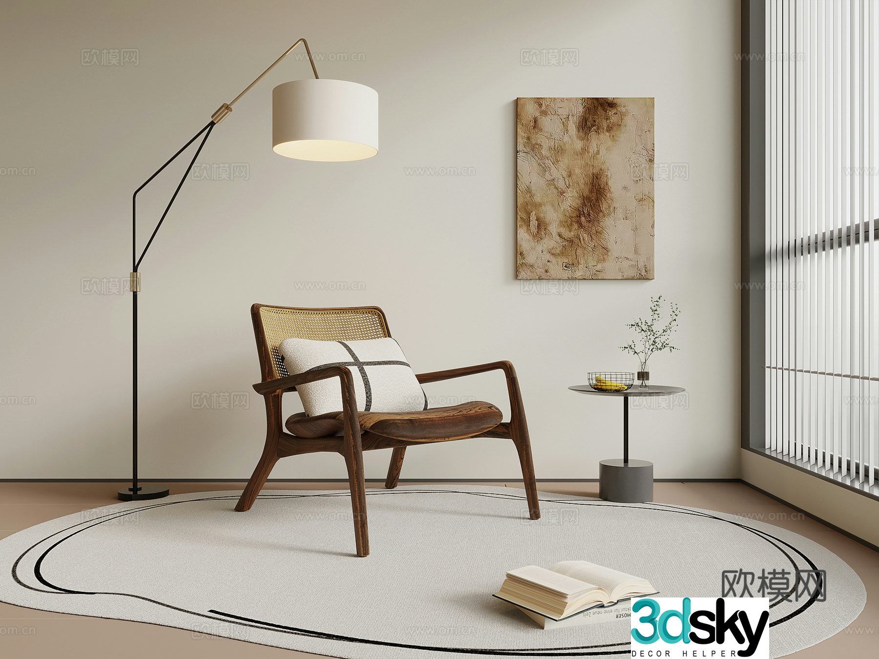 Leisure chair medieval style leisure chair single sofa floor lamp side table decorative painting 3D model