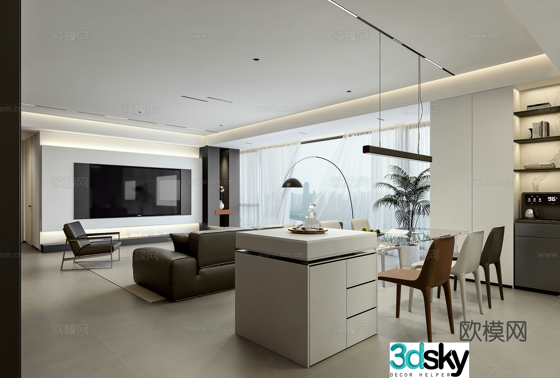 Modern living and dining room 3d model