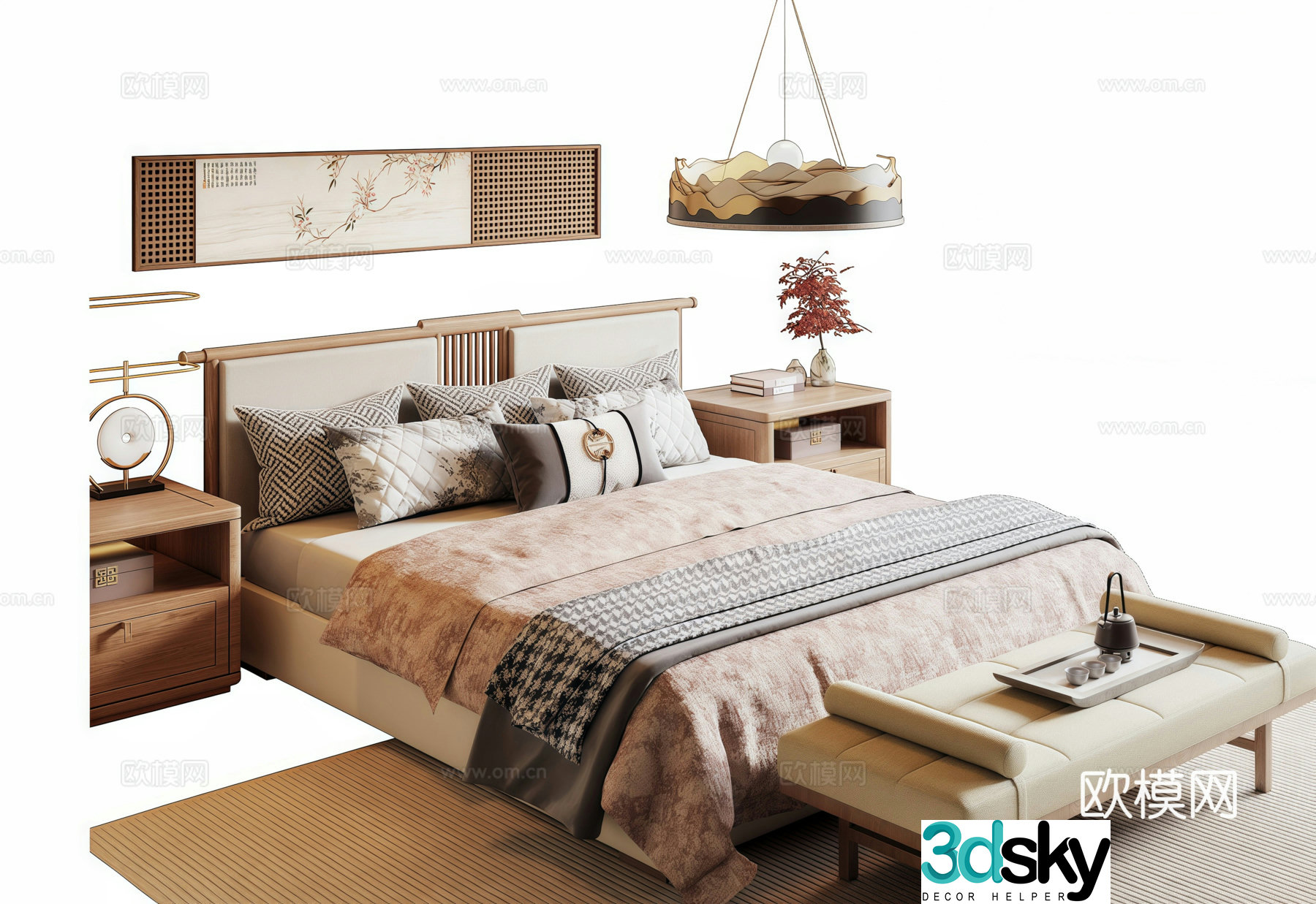 New Chinese Song style double bed chandelier bed nightstand decorative painting 3D model