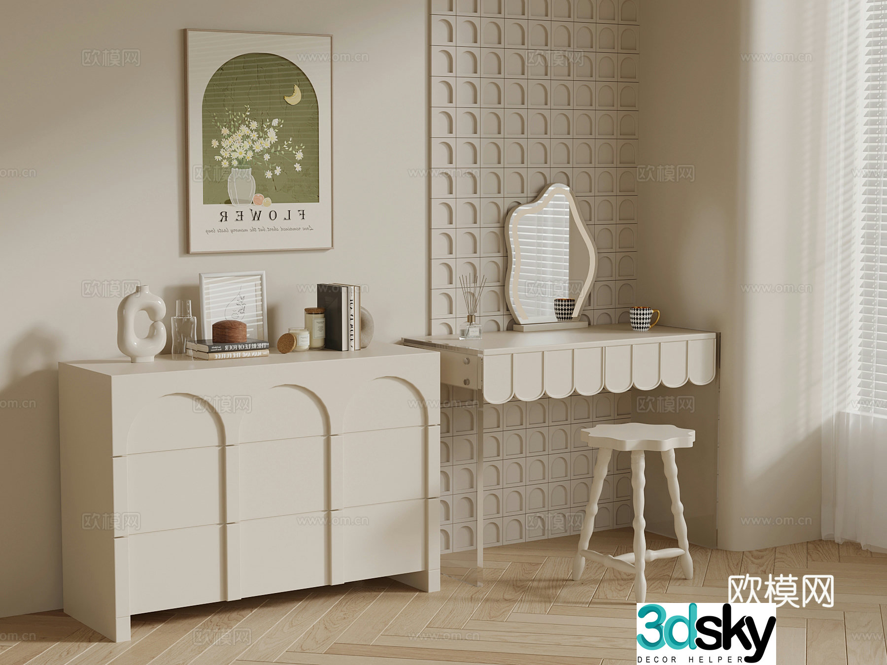 Dressing table modern cream style dressing table entrance cabinet 3d model
