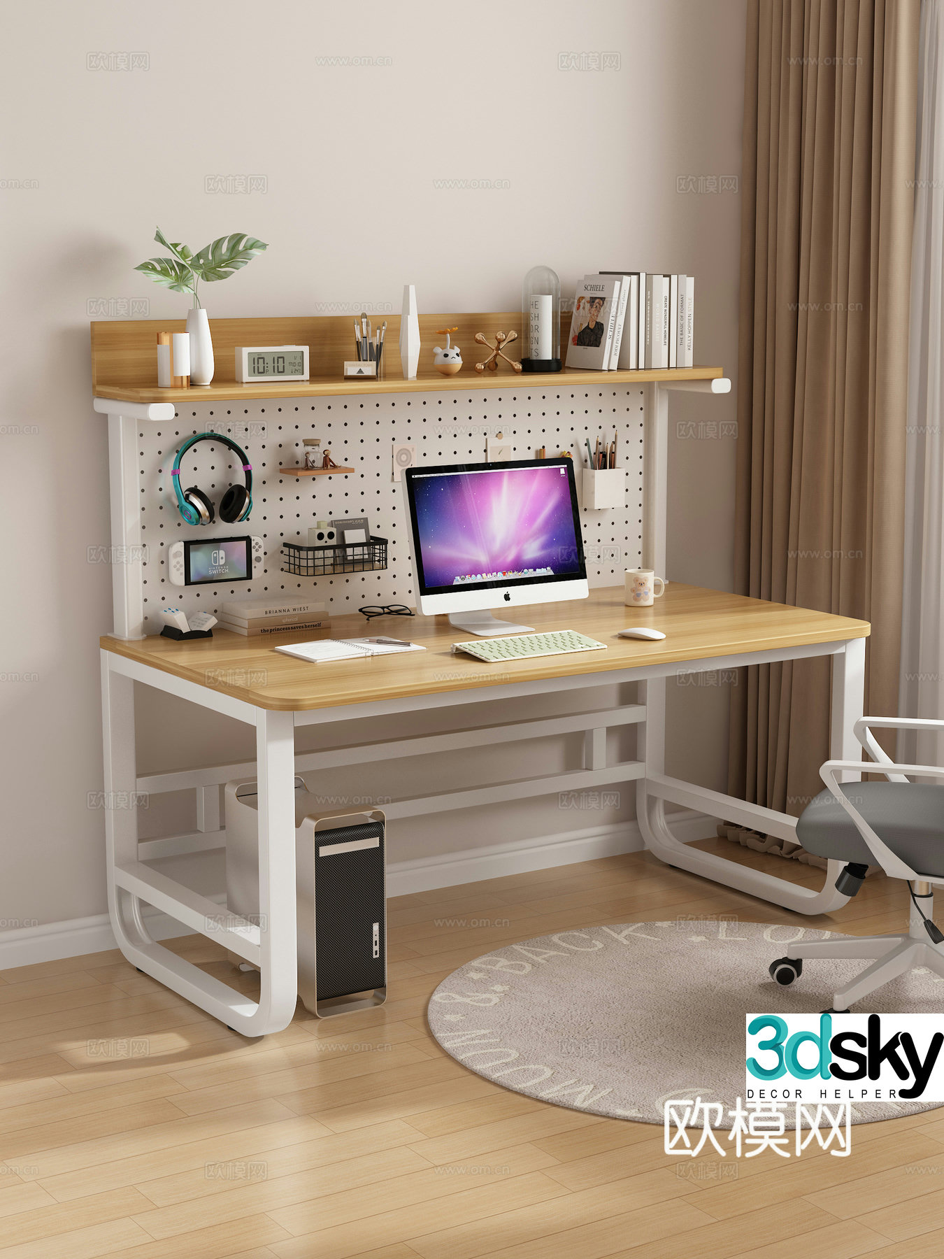 Computer desk and chair desk and chair office supplies ornament combination hole board 3D model