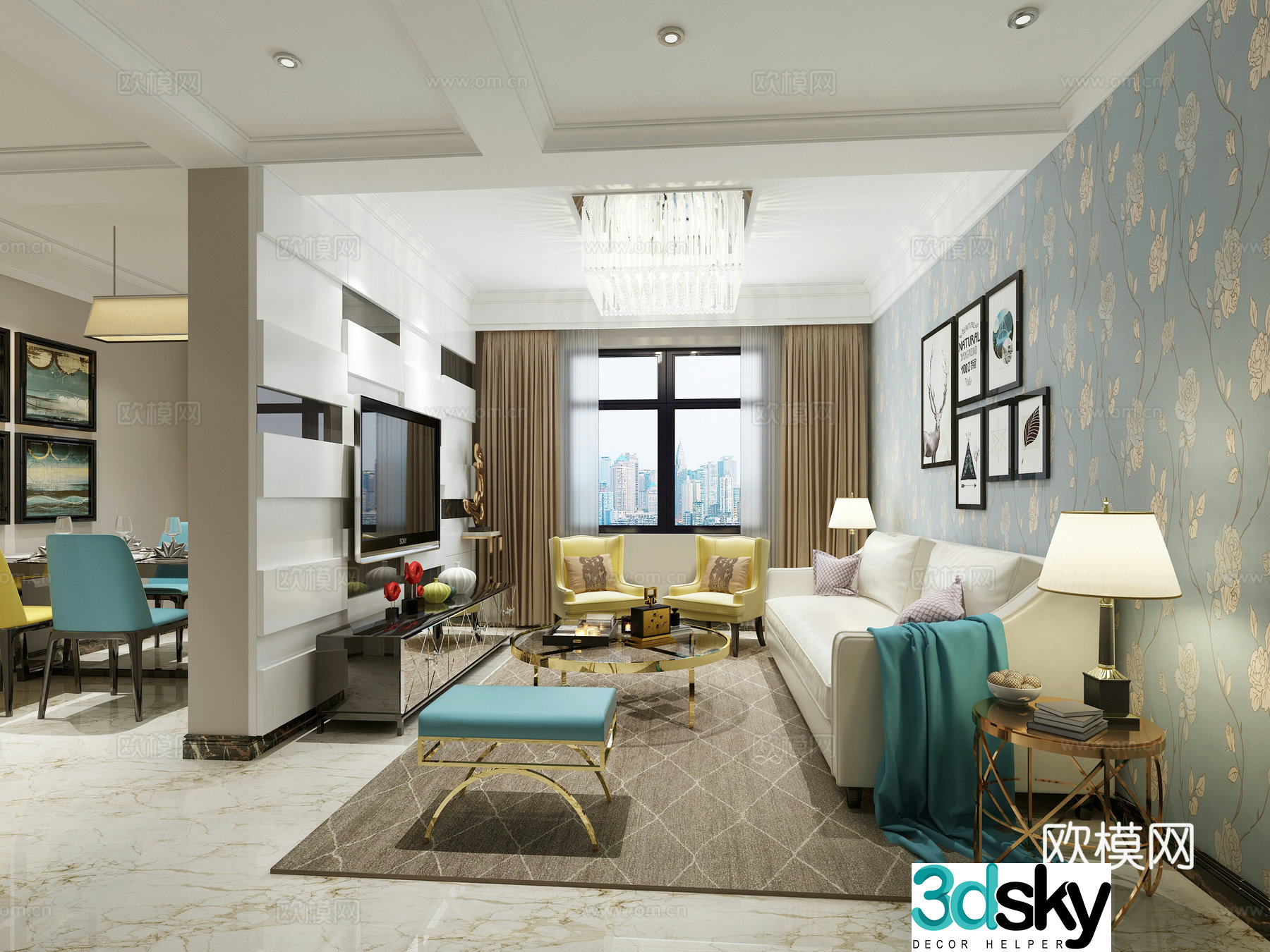 Modern sofa Decorative painting TV cabinet Decorative chandelier Coffee table Plant Carpet 3d model