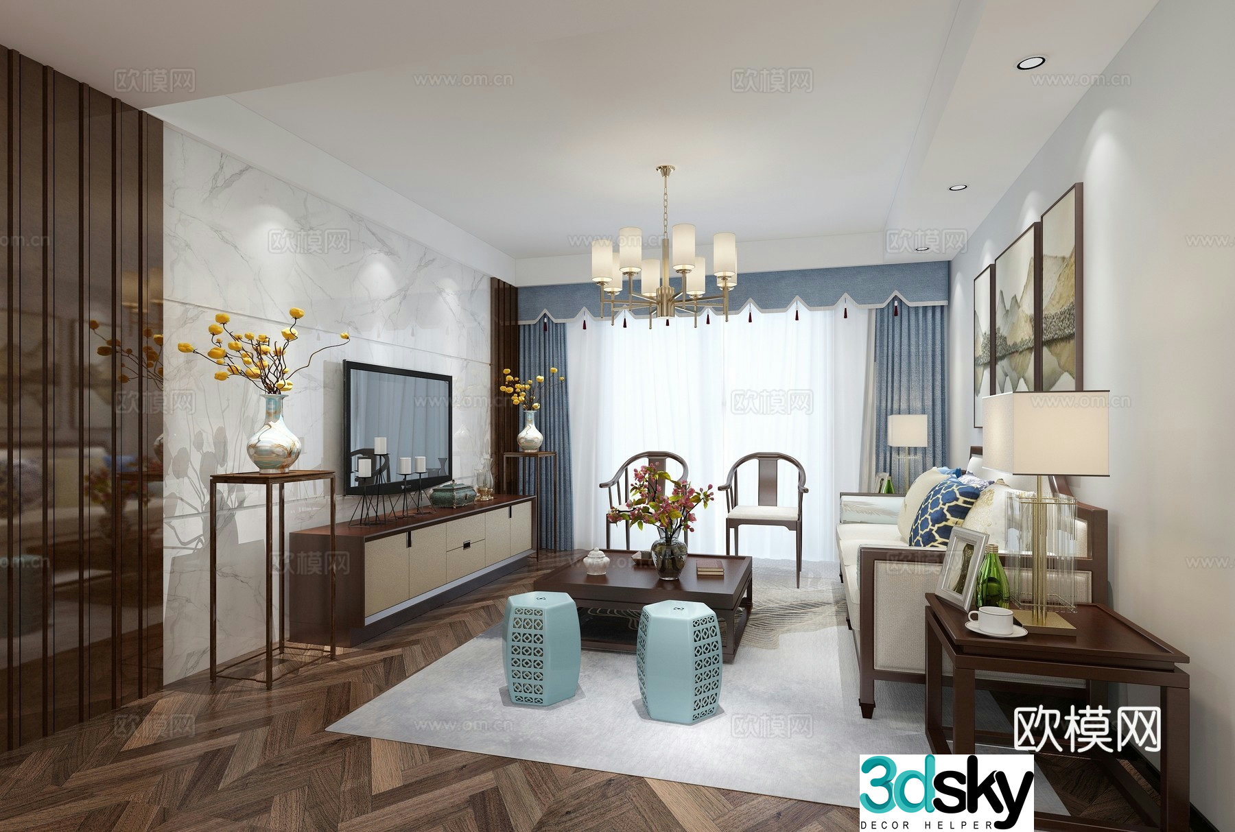 New Chinese style living room sofa chandeliers TV cabinet decorative painting carpet curtains 3D model