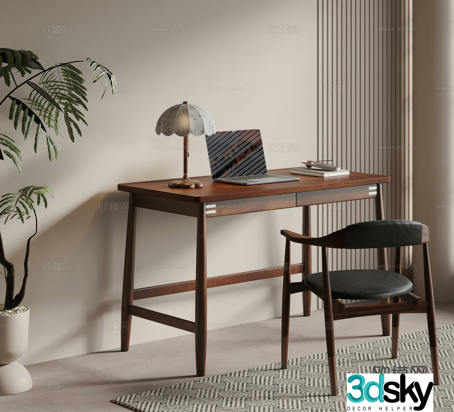 Middle style desk chair writing desk computer desk 3d model