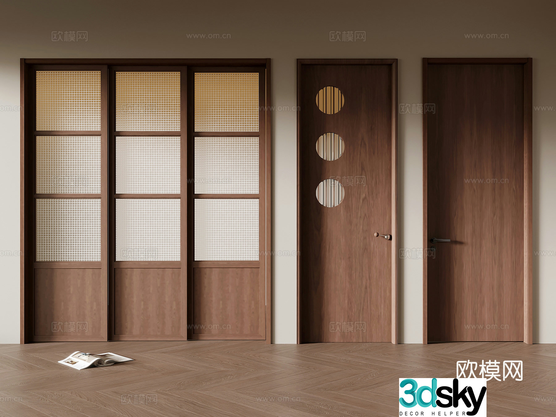 Single-open door medieval style single-open door sliding door bathroom door 3D model