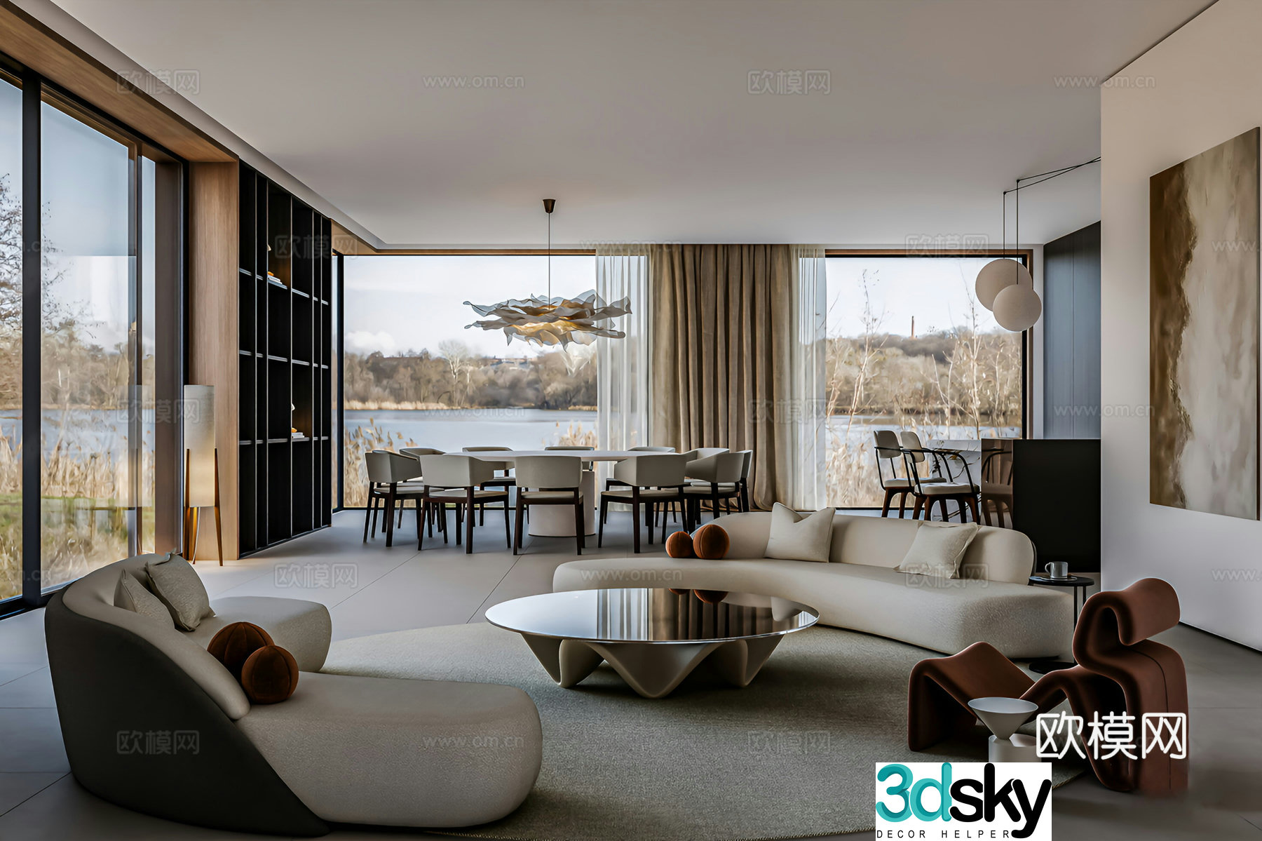 Modern Cream Bauhaus Living Room Modern Living Dining Living Room Dining Bar 3D Model