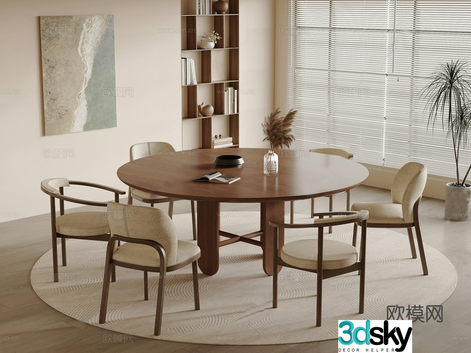 Wasabi Medium-old Dining Table and Chair_Solid Wood Round Dining Table and Chair_Backrest Dining Chair_Rand Armature Dining Chair_Vase Ornament 3D Model