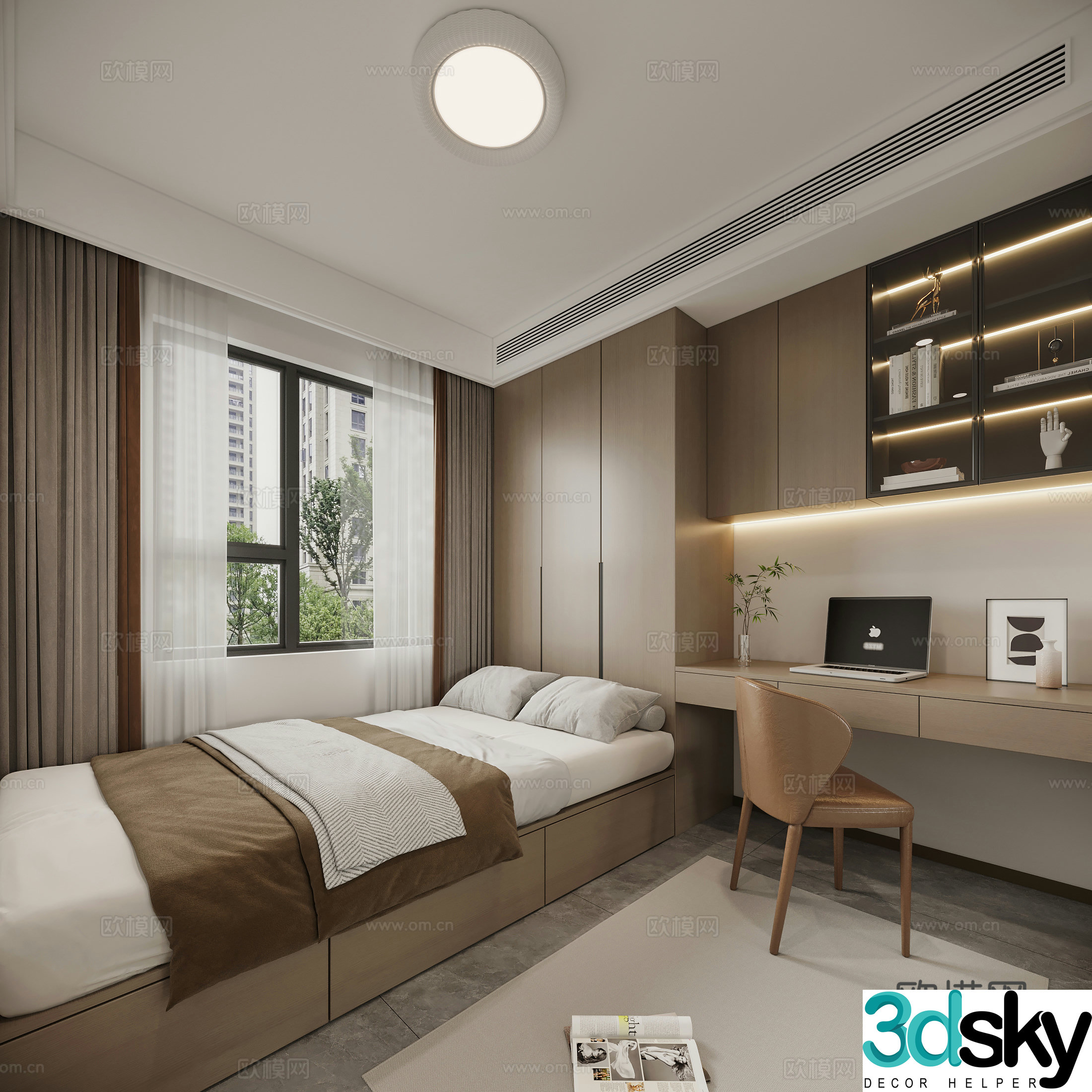 Modern Italian tatami bedroom desk chair ceiling lamp curtain carpet 3d model