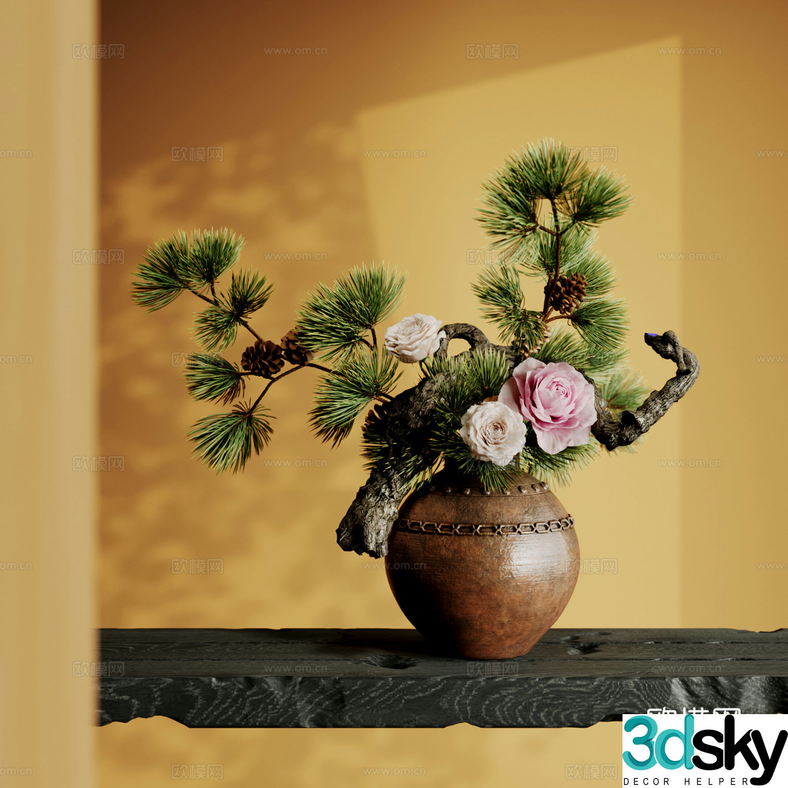 New Chinese style floral ornaments Song’s aesthetics Art flower arrangement Bonsai potted plants Flower arrangement Coffee jar 3D model