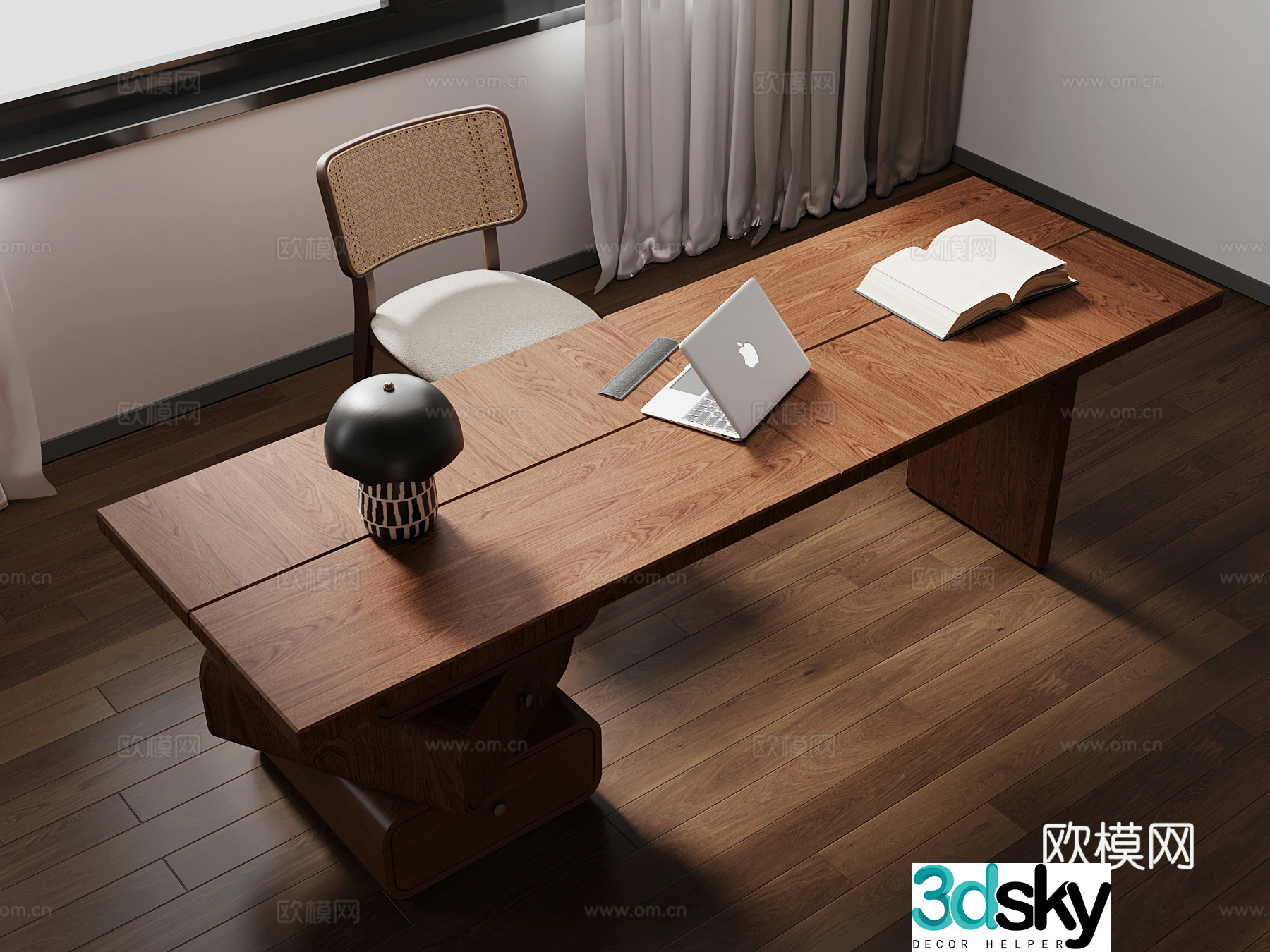 Middle style solid wood desk office and study supplies 3D model