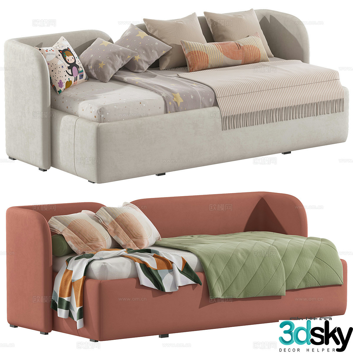Modern cream style children’s fabric sofa bed 3d model