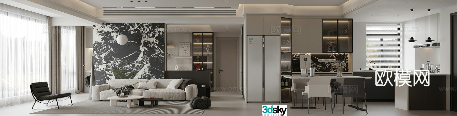 Modern black white and gray living dining room open kitchen 3d model