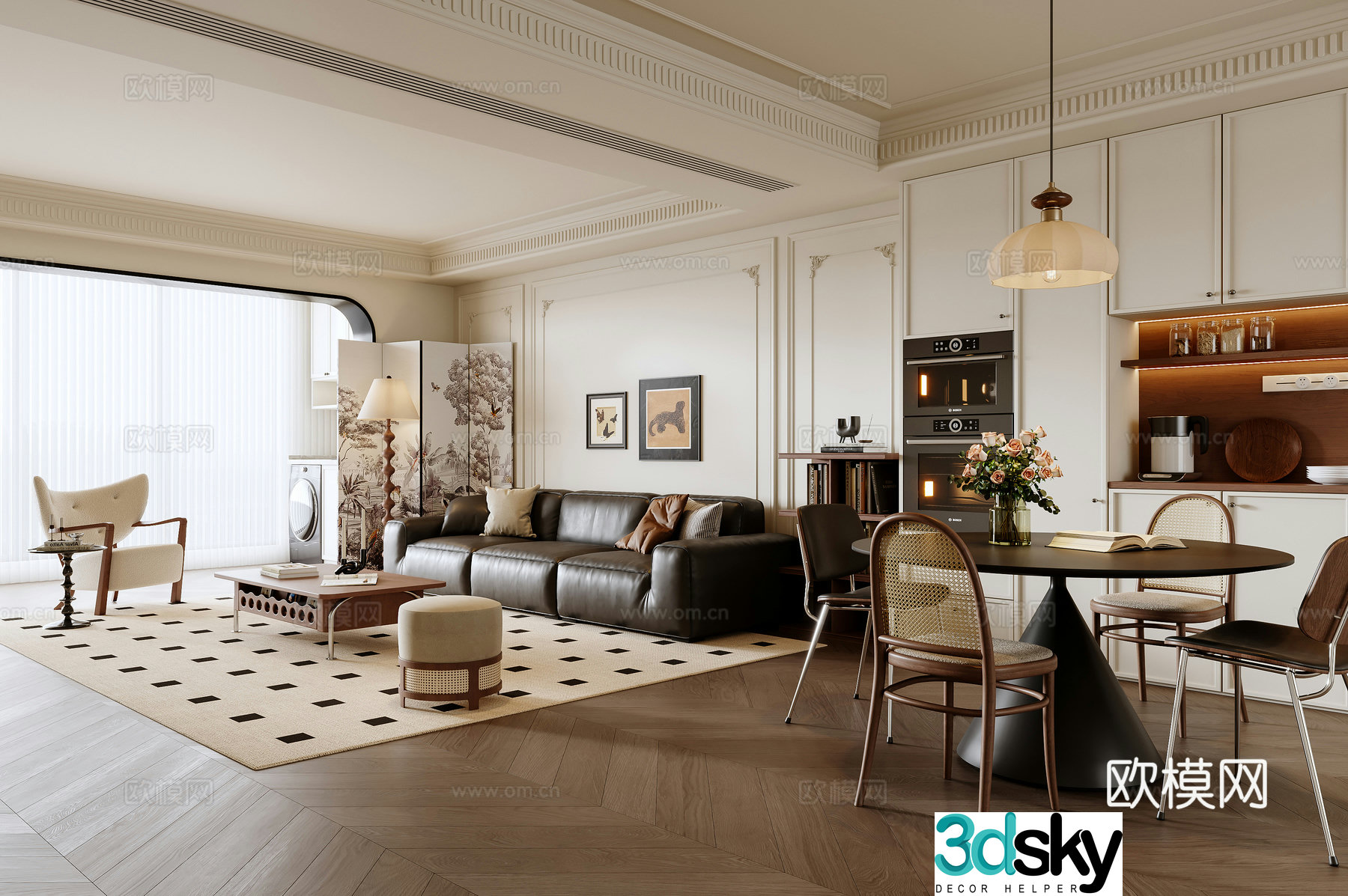 French living and dining room 3d model