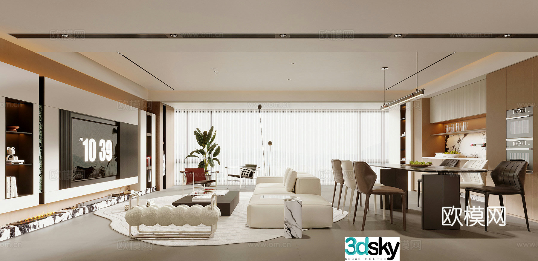 Modern living and dining room 3d model