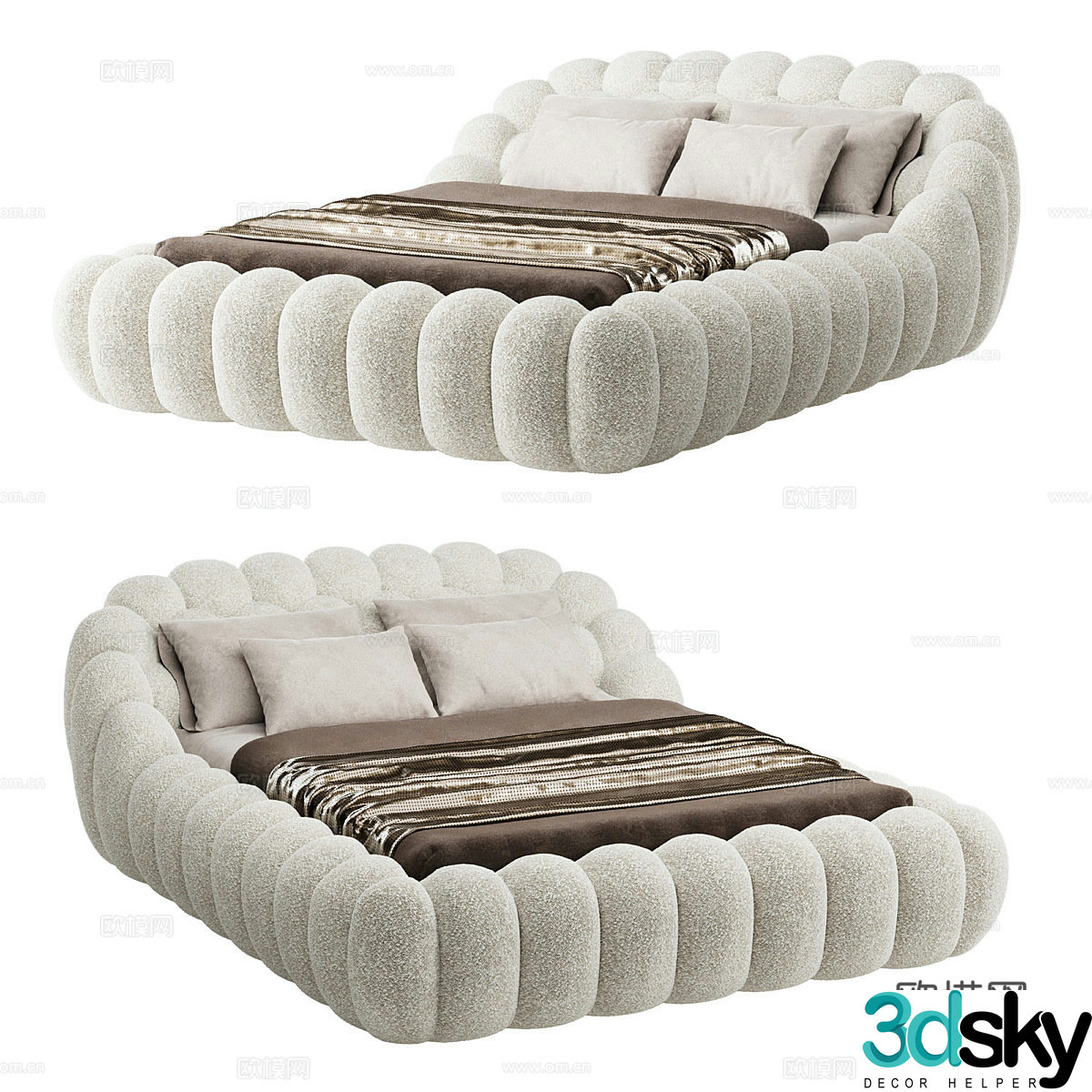 Modern Italian cream style fabric double bed 3d model